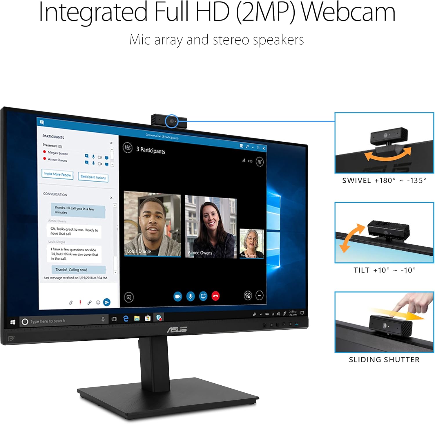 ASUS 27” 1080P Video Conference Monitor (BE279QSK) - Full HD, IPS, Built-in Adjustable 2MP Webcam, Mic Array, Speakers, Eye Care, Wall Mountable, Frameless, HDMI, DisplayPort, VGA, Height Adjustable
