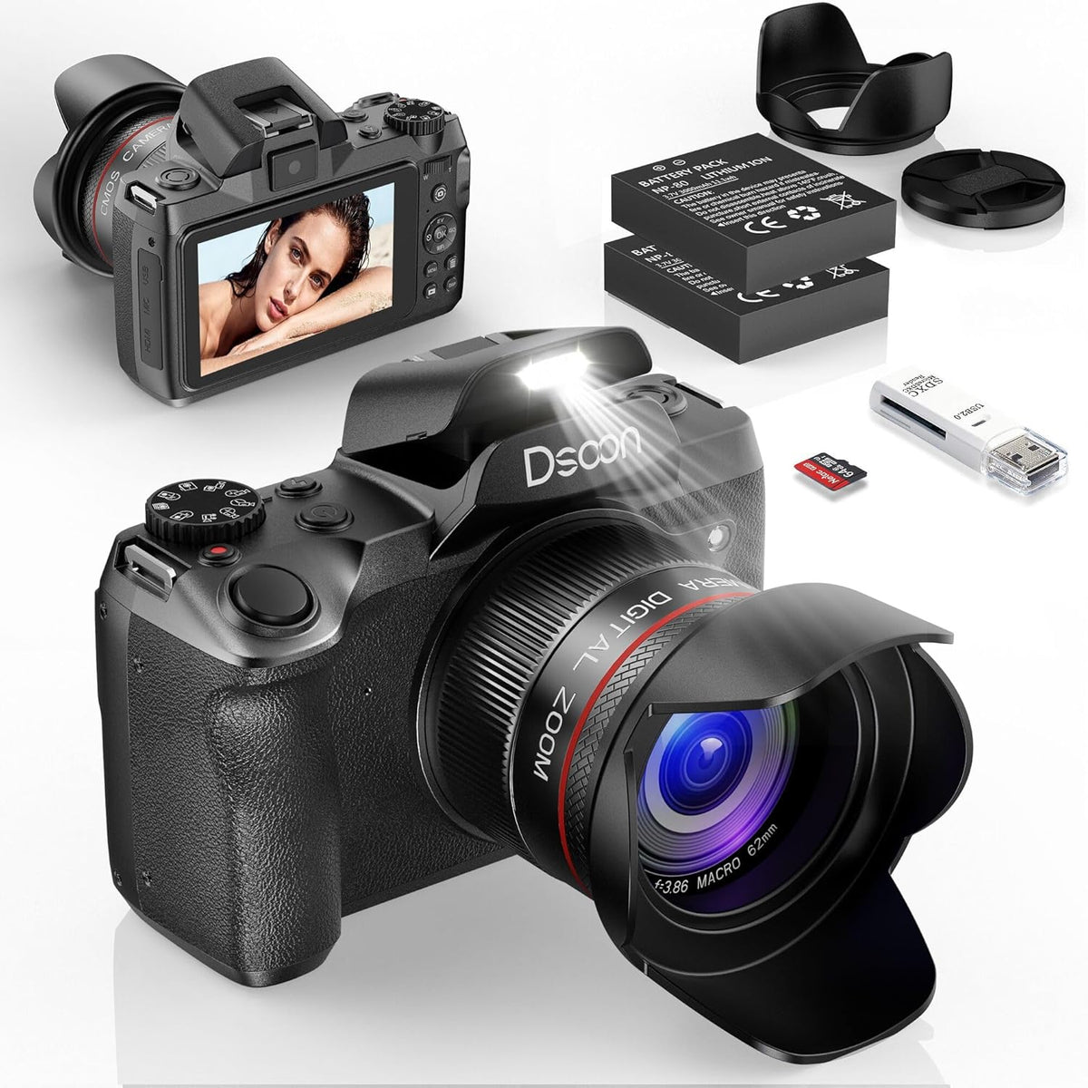 Dsoon Digital Camera,4K 64MP Cameras for Photography with 4”0 Touch Screen,18X Digital Zoom Autofocus Photography Shoot Camera with Dual-Lens,2 Batteries,64GB TF Card,Lens Hood