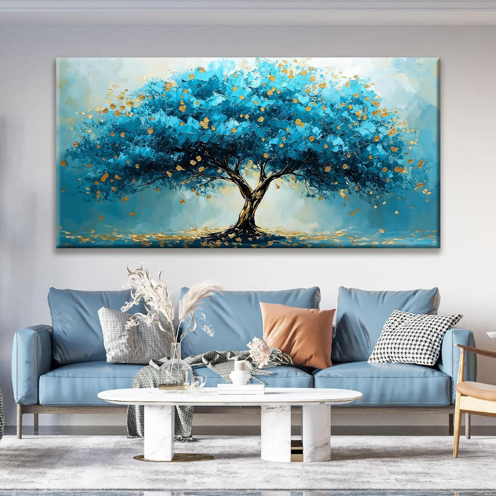 QSQ Large Abstract Wall Art Blue Tree Of Life Canvas Art Wall Decor For Living Room Decorations Blue And Gold Tree Abstract Wall Decor Painting For Home Bedroom Kitchen Office Artwork 29 X 58 Inch
