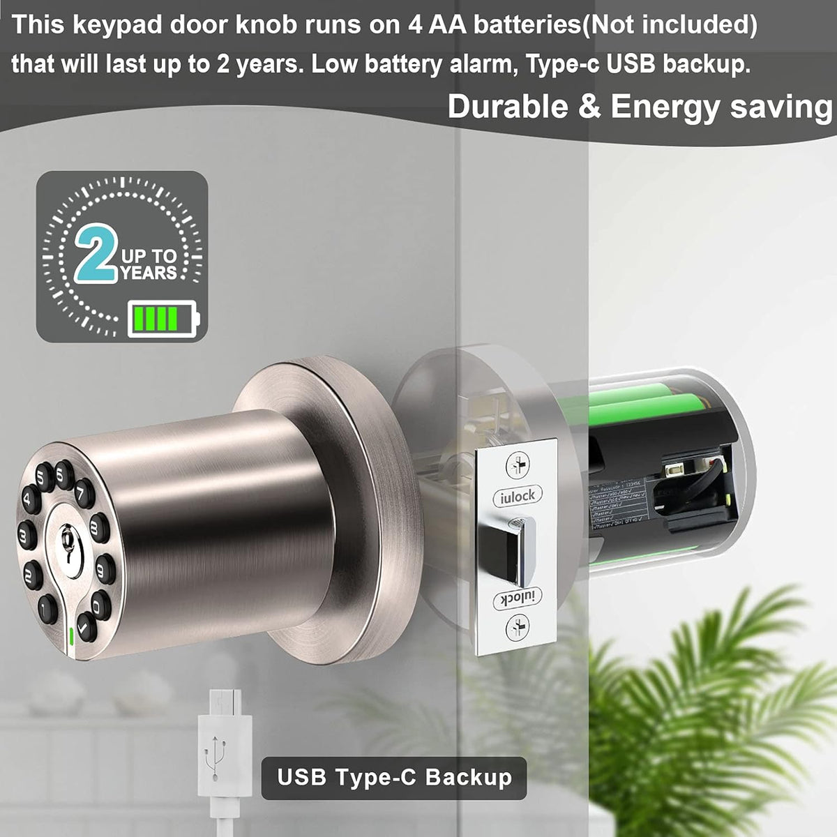 iulock IU-20 Code Door Lock, Electronic Door Knob with Keypad and Same Key, Auto Lock, Waterproof, Passage Function, Long Battery Life, Easy to use and Install for Office/Warehouse/Bedroom/Garage