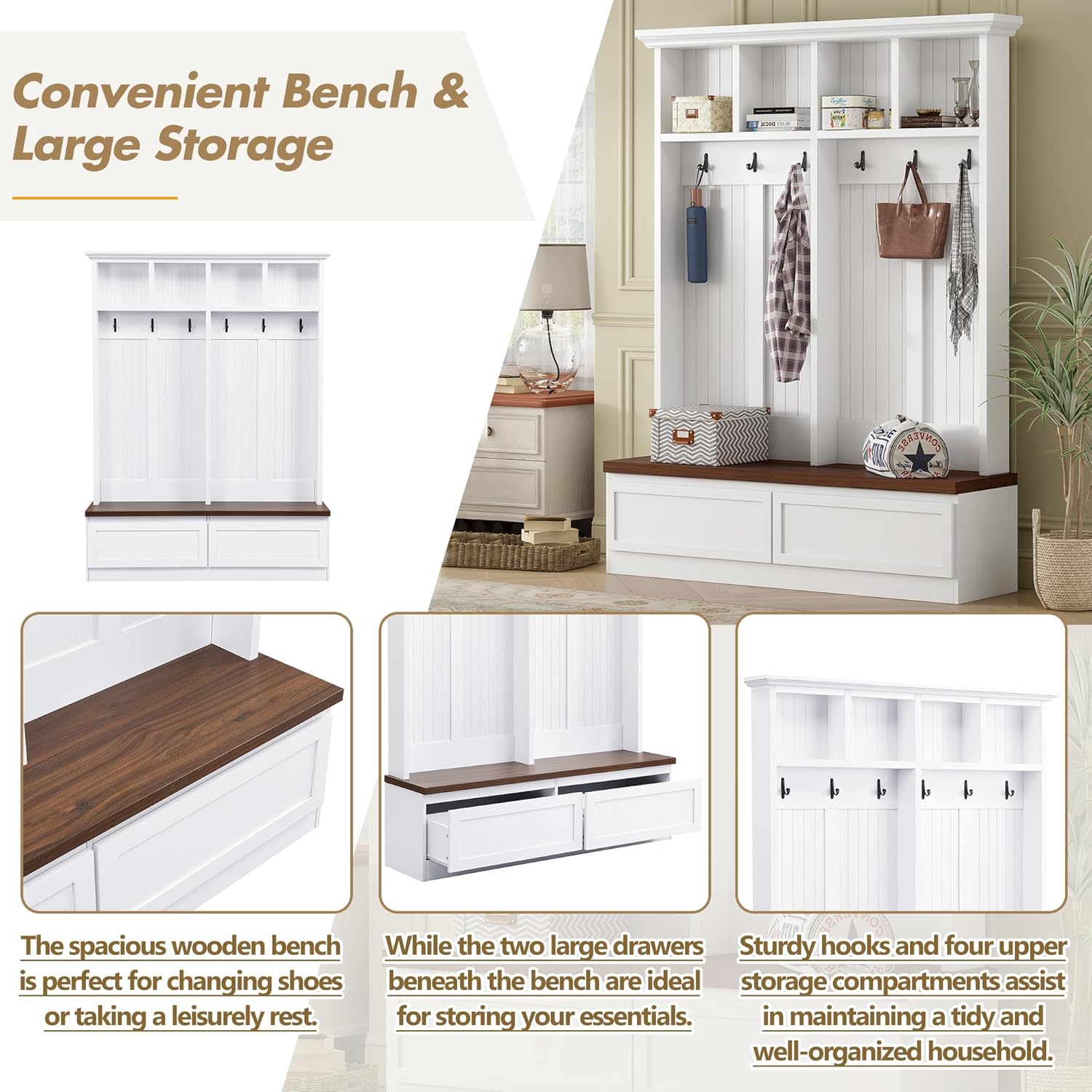 LUMISOL Mudroom Coat Rack with 2 Large Drawers, Entryway Hall Tree with Storage Bench, Farmhouse Shoe Cabinet with 6 Hanging Hooks, for Hallway, White