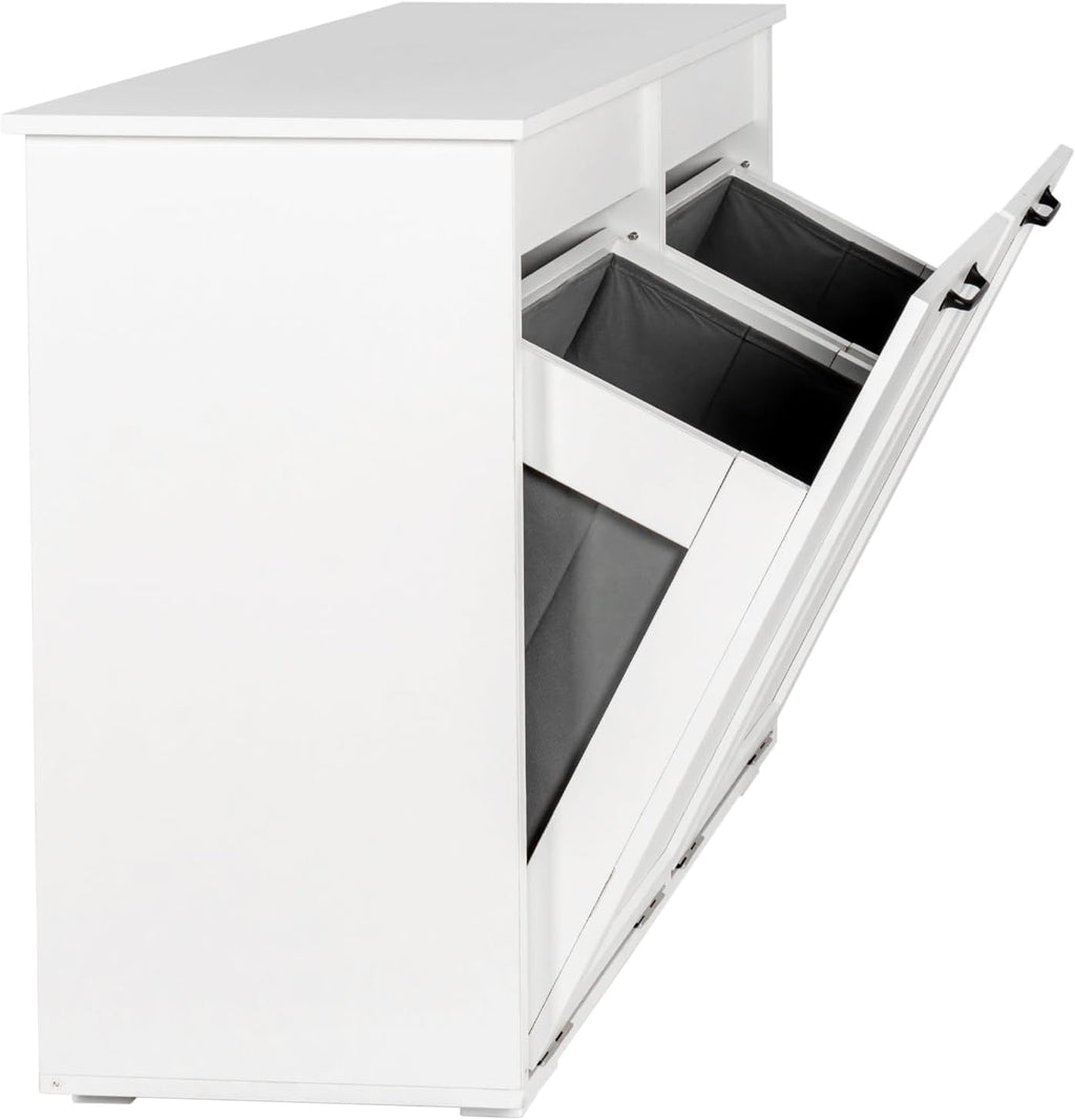 LUMISOL Double Tilt-Out Laundry Hamper Cabinet, Farmhouse Laundry Cabinet with Hidden Fabric Baskets, Wooden Bathroom Storage Cabinet with Doors for Living Room, Kitchen, White