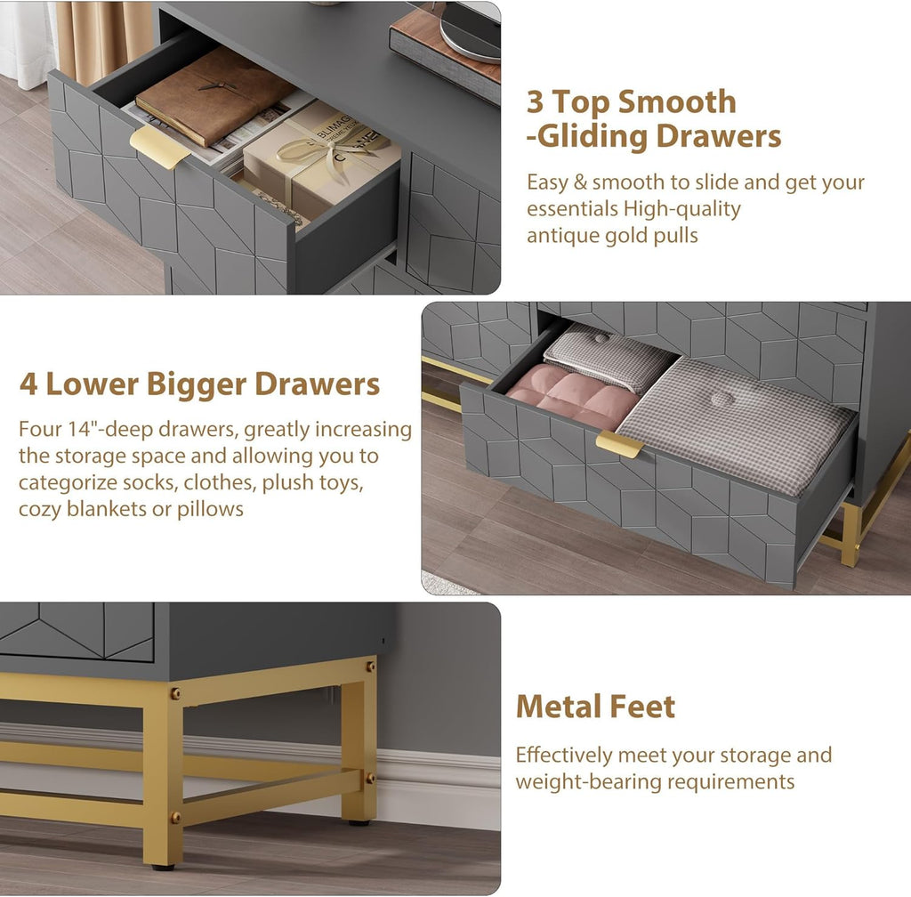 IDEALHOUSE Grey 7 Drawer Dresser for Bedroom, 53.5” Large Dresser with Metal Legs, Modern Chest Organizer with Wide Storage, Chest of Drawers for Bedroom, Living Room, Entryway