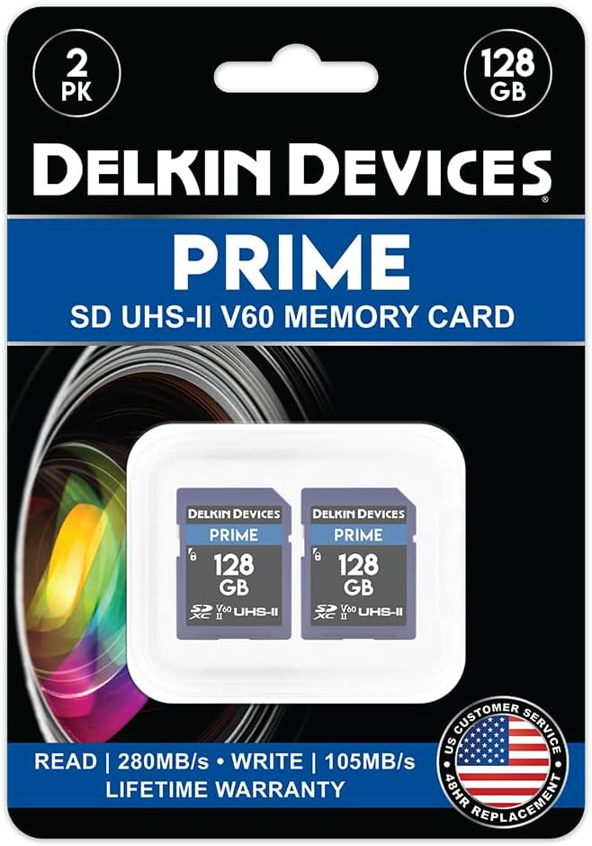 Delkin Devices Prime 128GB 2PK SDXC UHS-II (U3/V60) Memory Cards – High Endurance for 8K, 4K, Full HD, and RAW Burst | Compatible with DSLR and Digital Cameras