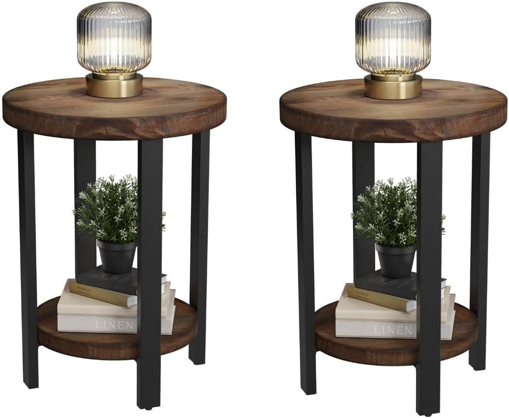 Alaterre Furniture Pomona Living Room Set of 2 Solid Wood Small Round End Tables with Shelf and Metal Legs – 2-Tier Modern Rustic Side Table or Nightstand (Rustic Brown)