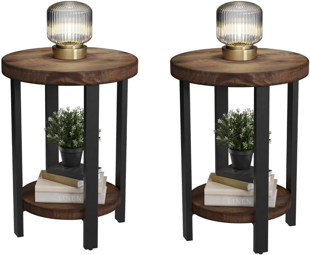Alaterre Furniture Pomona Living Room Set of 2 Solid Wood Small Round End Tables with Shelf and Metal Legs – 2-Tier Modern Rustic Side Table or Nightstand (Rustic Brown)