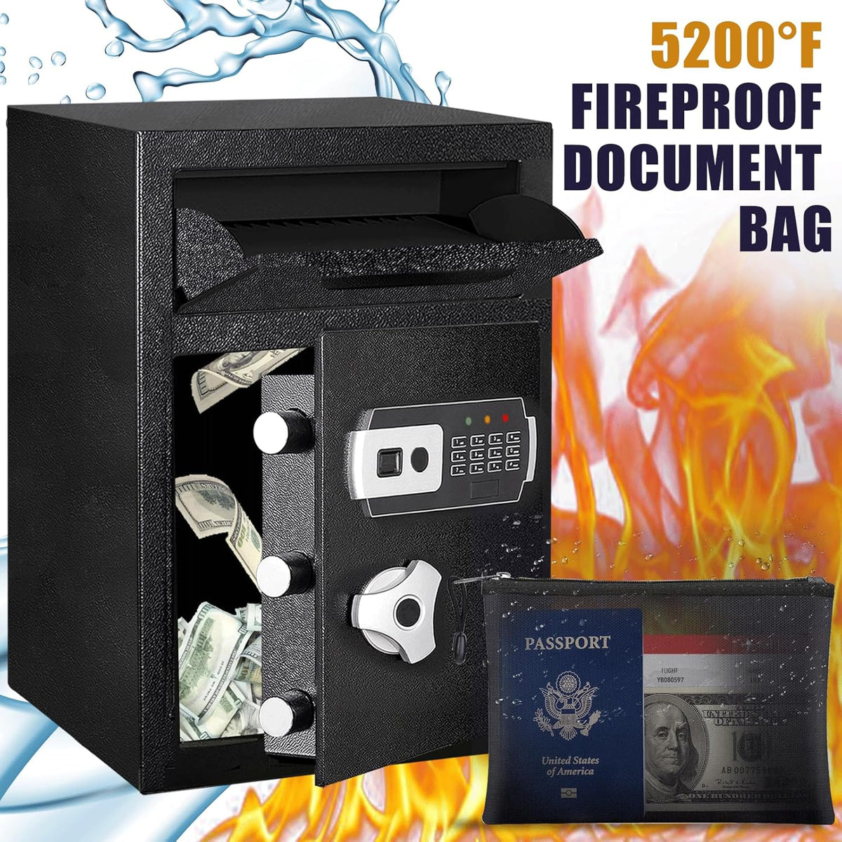 2.8 CUB Drop Safe for Business, Electronic Safe Box with Digital Combination and Anti-Fishing, Depository Safes with Fireproof Waterproof Document Bag, Security Safe for Slips Expense Office Home