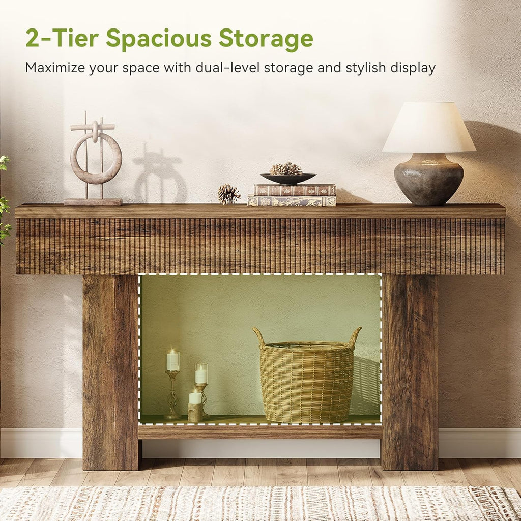 LITTLE TREE 55-Inch Entryway Table with Storage, Farmhouse Console Table for Hallway, 2-Tier Sofa Table for Behind Couch, Rustic Wood Console Table for Living Room & Foyer