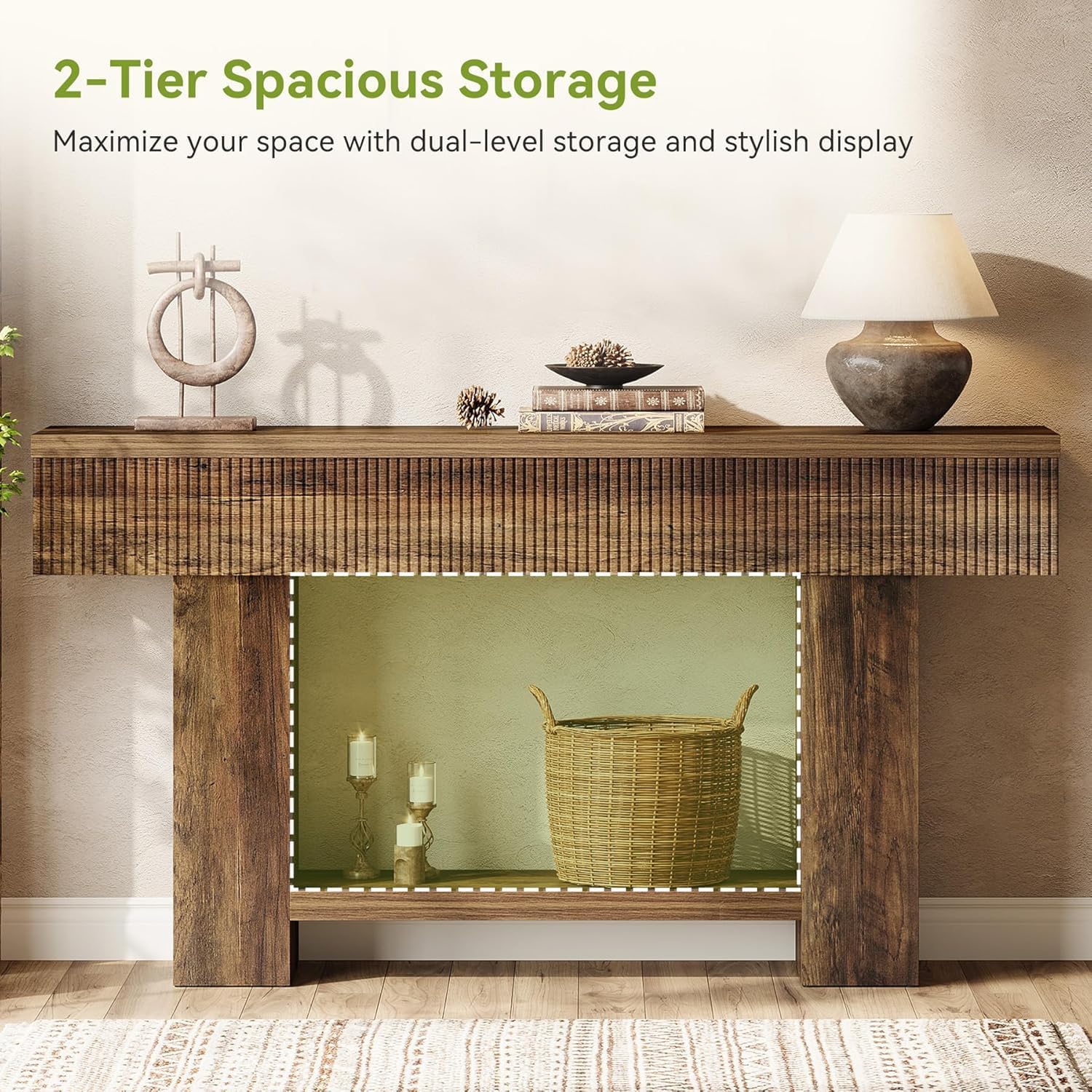 LITTLE TREE 55-Inch Entryway Table with Storage, Farmhouse Console Table for Hallway, 2-Tier Sofa Table for Behind Couch, Rustic Wood Console Table for Living Room & Foyer