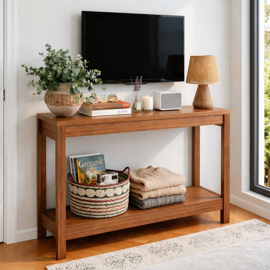 47" Entryway Table, Narrow Console Sofa Table, with Outlets and USB-C Port, Entryway Table with Open Storage, for Living Room, Hallway, Entryway, Foyer, Kitchen Counter, Walnut