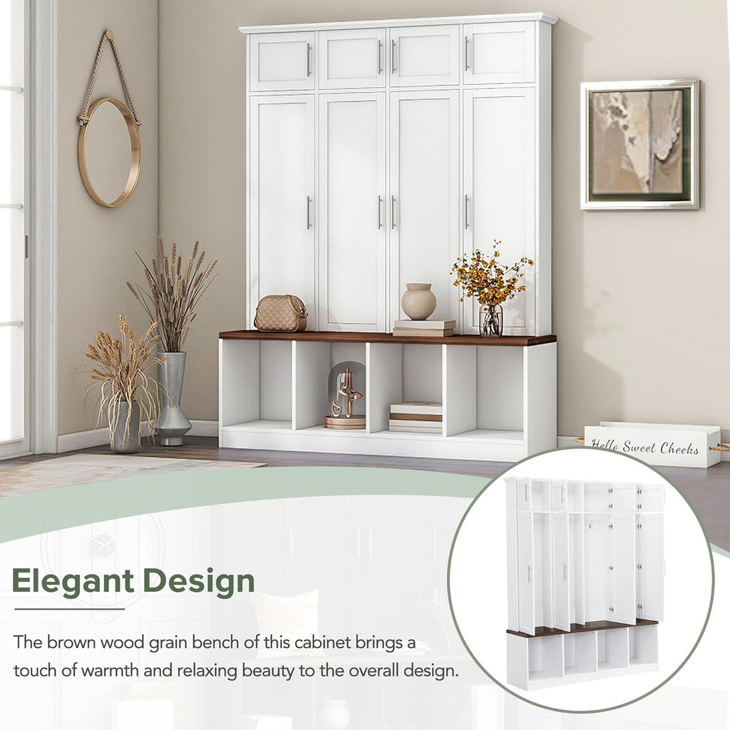 Versatile Hall Tree with 4 Hanging Hooks and Brown Wood Grain Bench,Entryway Cabinet with Open Compartments,for Hallway Entrance Mudroom Living Room (White#Storage)