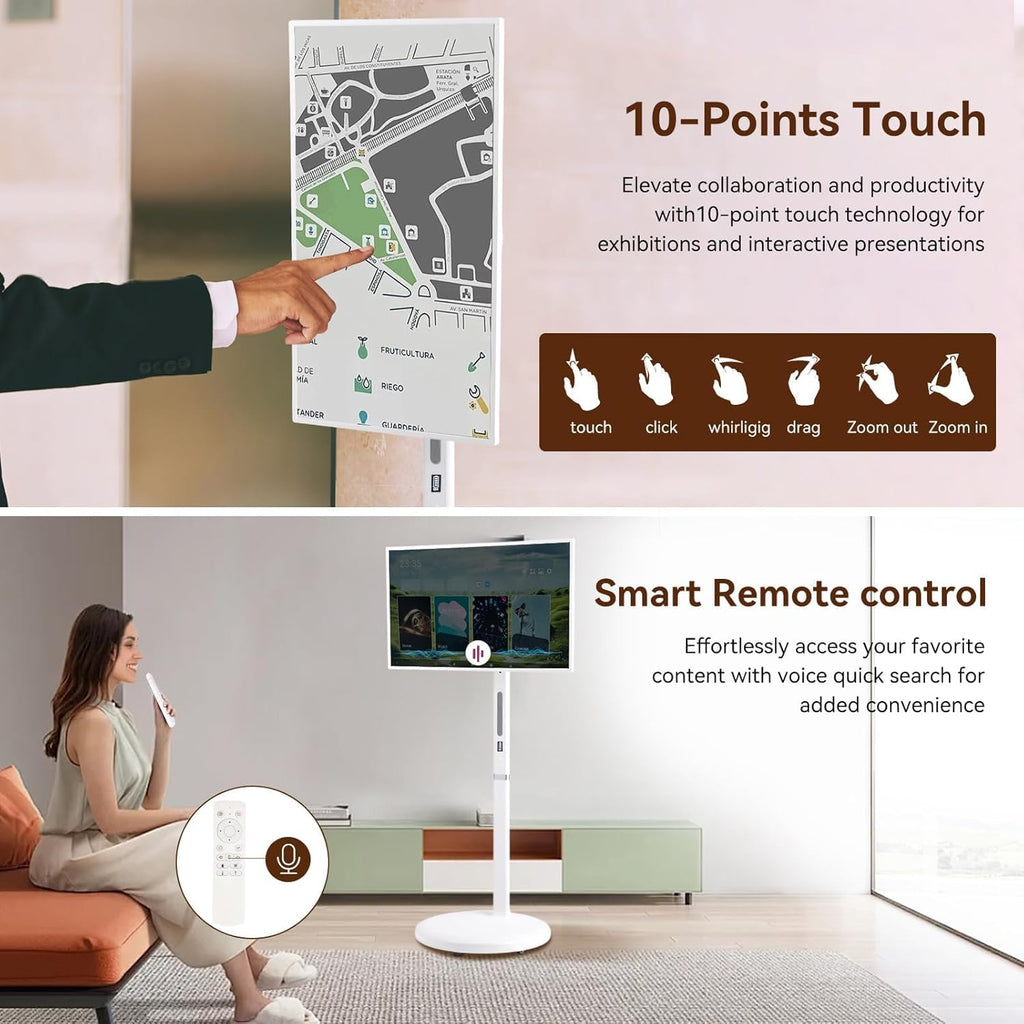 32 Inch UHD 4K Smart Portable TV on Wheels, 16GB+256GB Storage, Android 15 OS, Rolling TV with Rotatable Touch Screen, Built-in Battery, Voice Remote, Full Rotation Mobile TV for Home, Outdoors