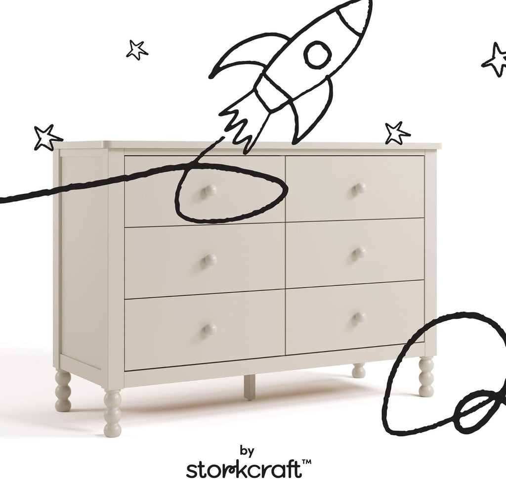Storkcraft Rio 6 Drawer Dresser (Frosted Oat) – GREENGUARD Gold Certified, Wood Dresser for Bedroom, Kids & Nursery Storage Chest, Safety Interlocking Drawers, Pre-Installed Tracks, Kids Chest