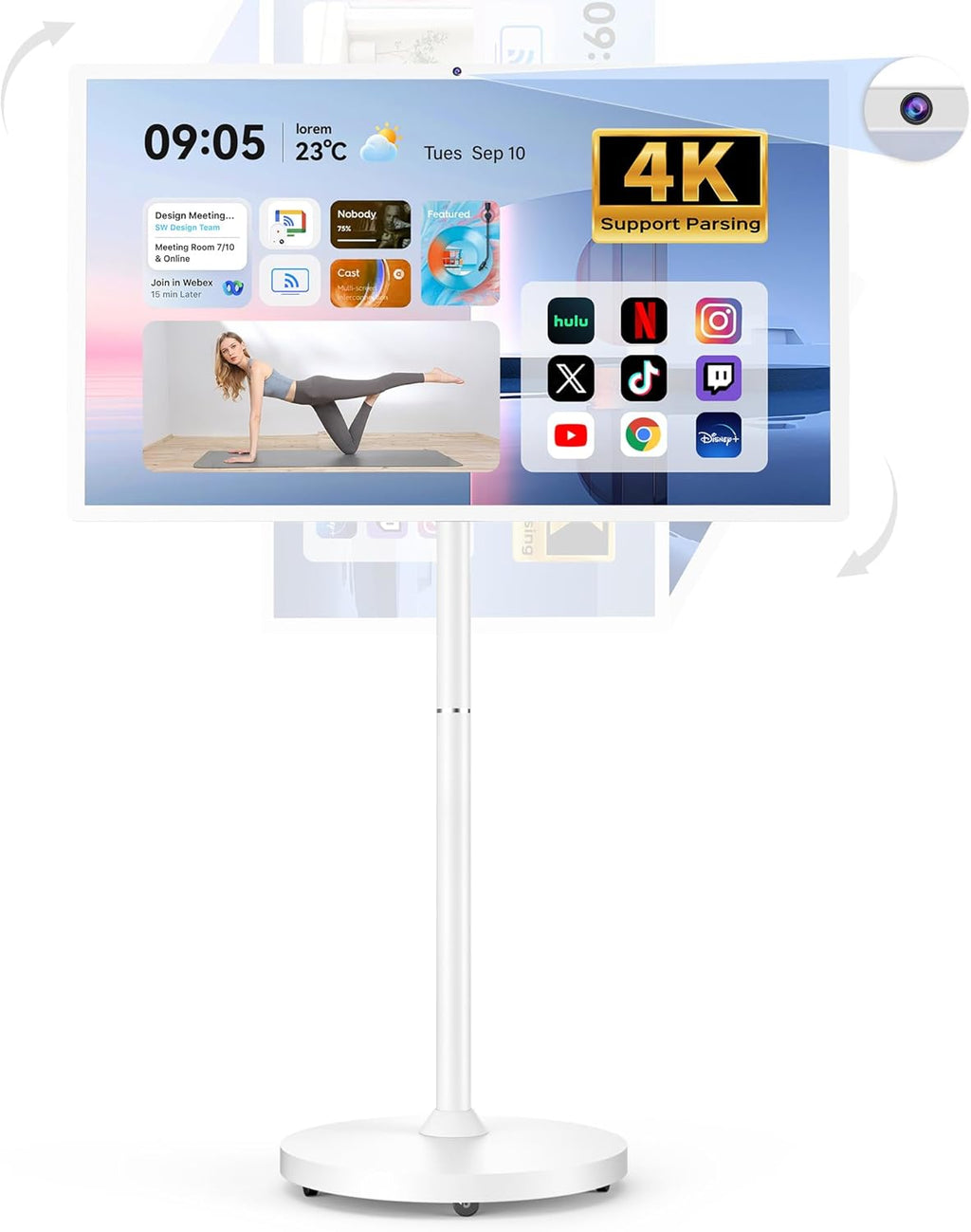 Bisprico 32" Portable Smart TV on Wheels, Qualcomm CPU, EDLA-Certified, Built-in 22000mAh Battery, 16+128GB, Android 14 OS Rolling Tablet TV, Full Swivel Rotation, Remote Control, 13MP Webcam