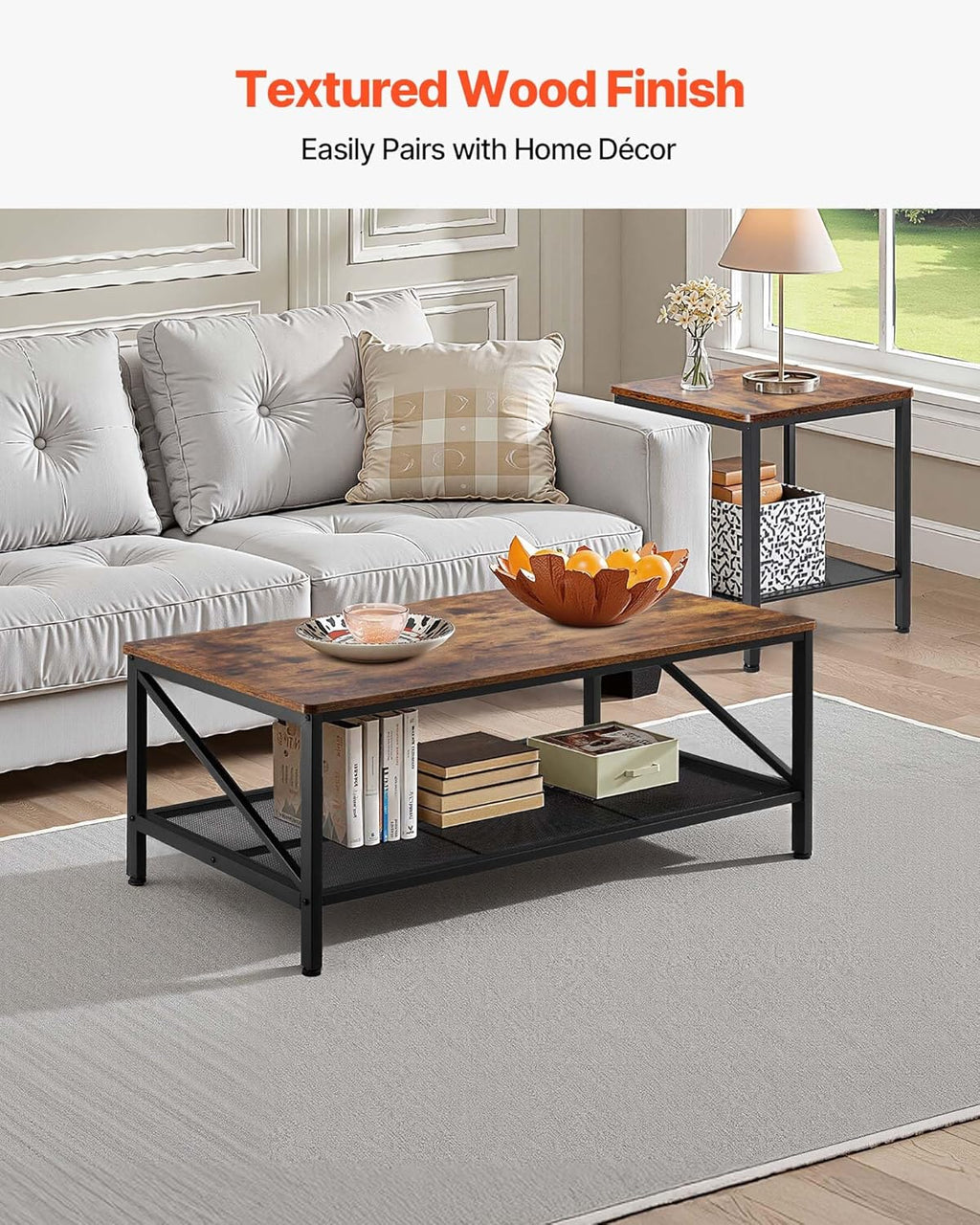 VEVOR 3 Pieces Living Room Table Sets, 41.3 in Industrial Coffee Table with 2 Square End Side Tables, Easy Assembly Coffee and End Tables Sets with Metal Legs, for Office, Living Room & Apartment