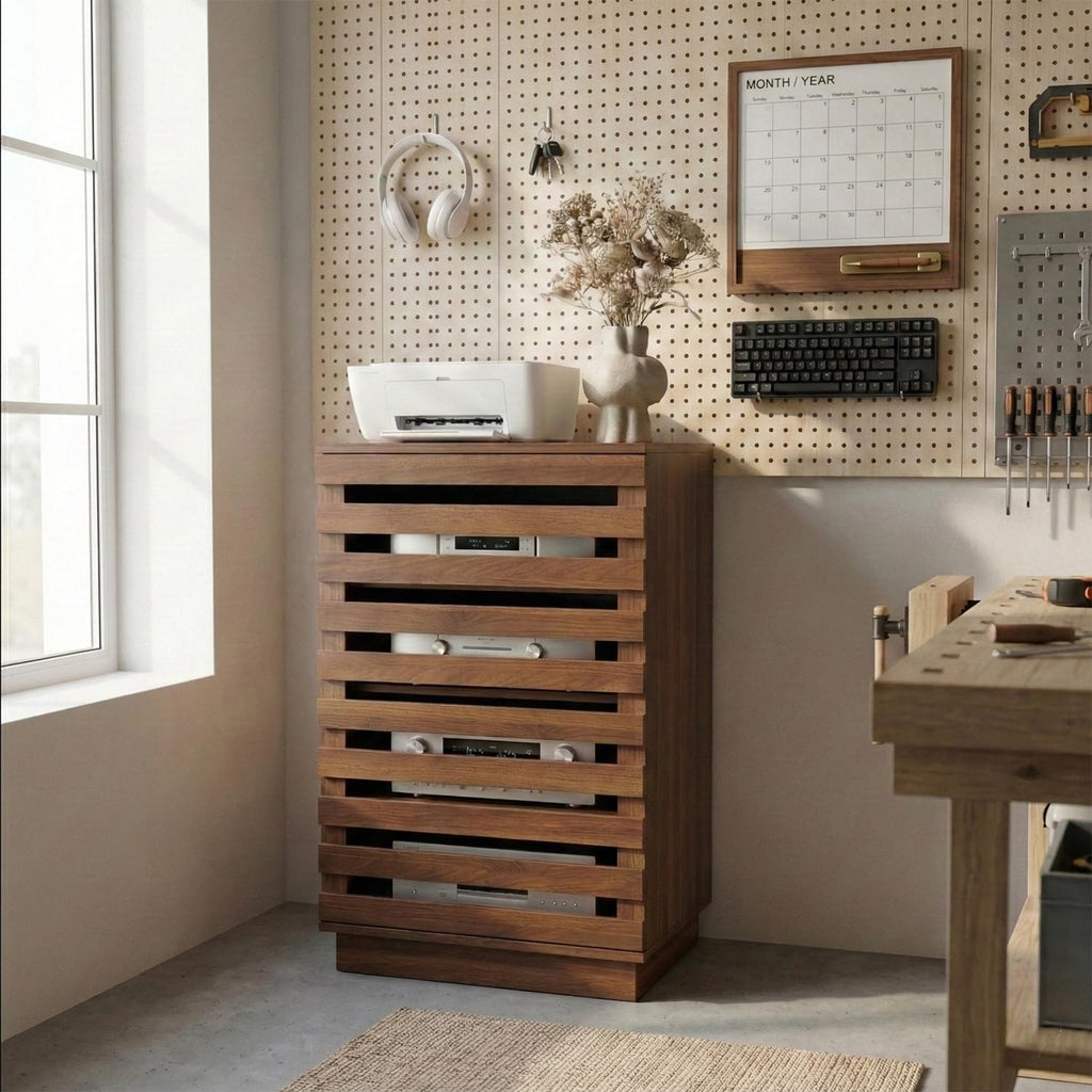 holzart Modern Slatted Audio Component Cabinet, 4-Tier Stereo Equipment Rack Media Stand with Ventilated Door & Cable Management, Rustic Brown 35.4" Tall