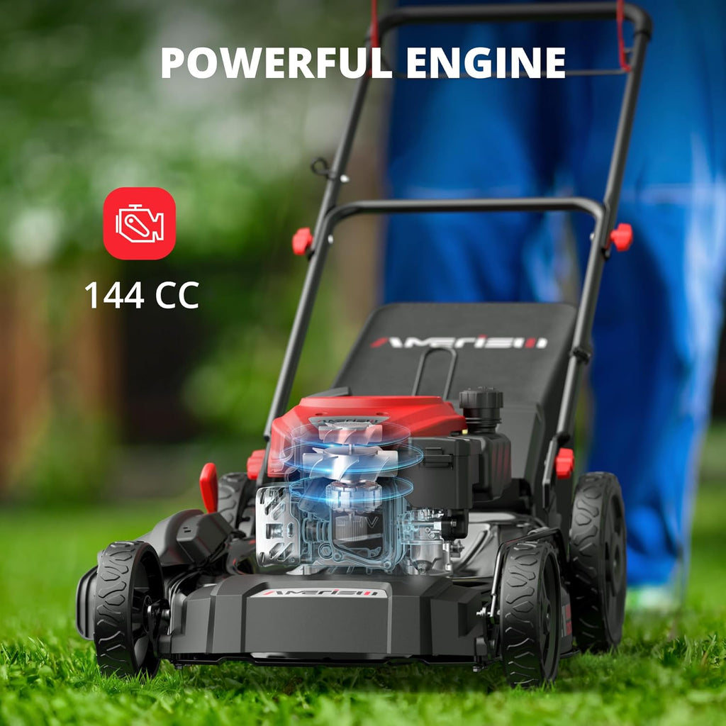 21" Gas Push Lawn Mower, Rugged Steel Deck, 3-in-1 Versatile Mower, 144cc OHV Engine, 6-Level Height Adjustment, Large Grass Collector, Easy Maneuverability for Home & Garden