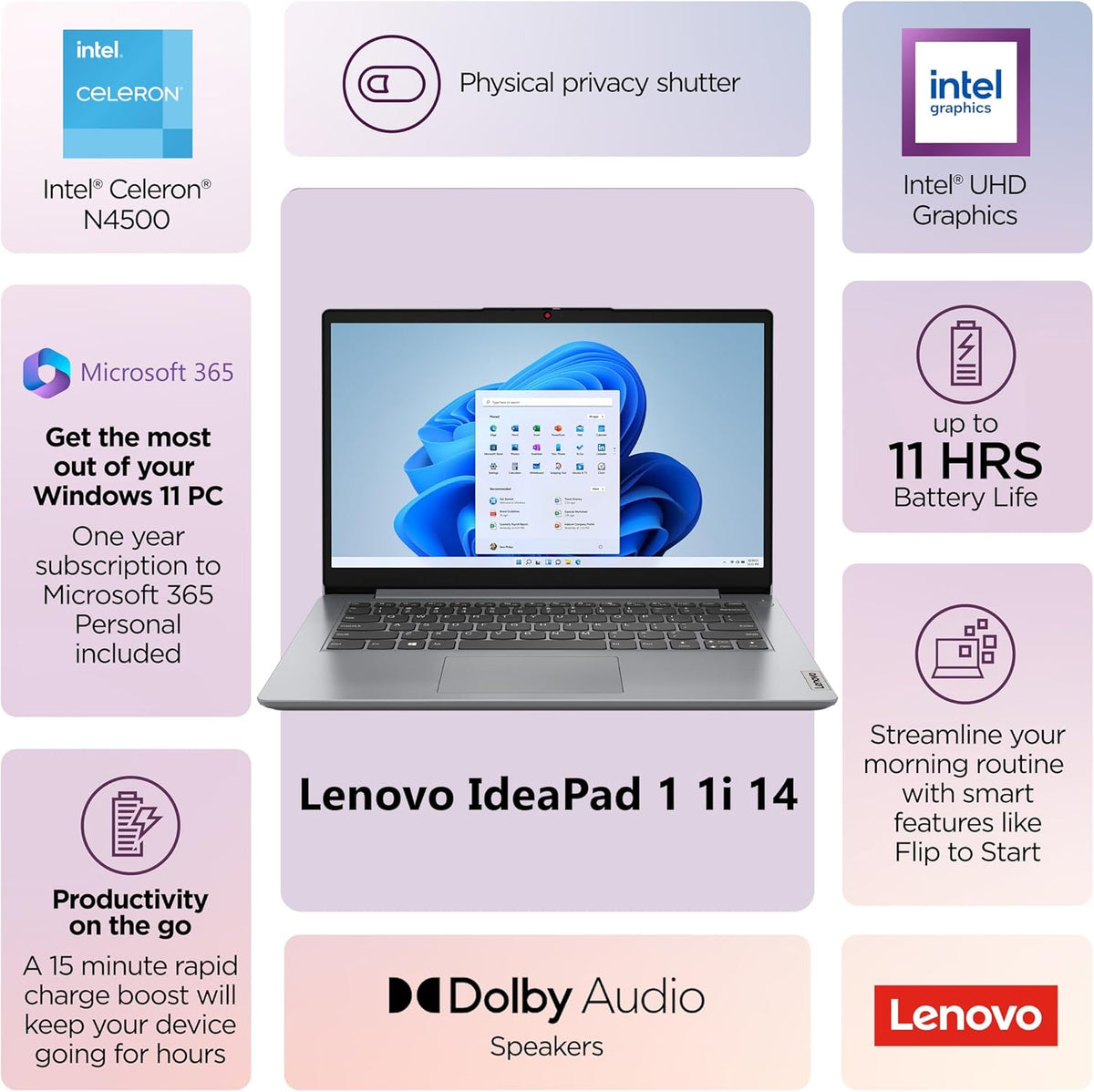 Lenovo 2026 Laptop for Student & Home, 14 inch with Office 365, 8GB RAM, 256GB SSD, Intel Dual Core, WiFi 6, Windows 11, Long Battery Life, Essential Laptop, Grey