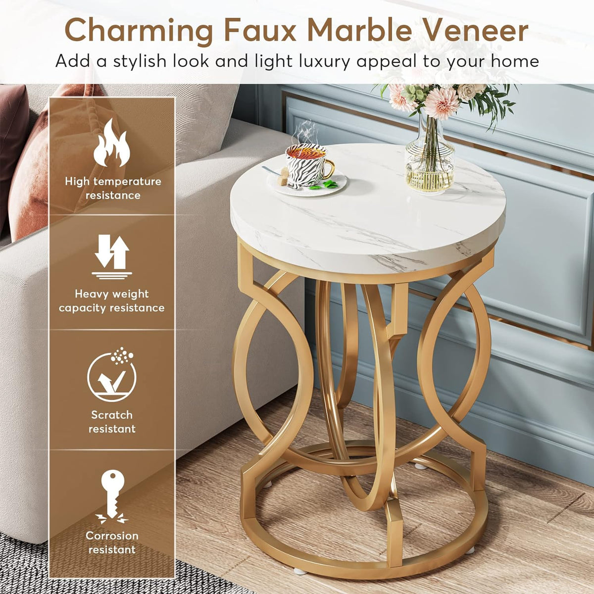 Tribesigns Modern Round End Table Set of 2 with Thickened Tabletop, 20" Gold Side Table with Unique O-Shaped Metal Base, Midcentury Nightstand for Living Room Bedroom, White + Gold