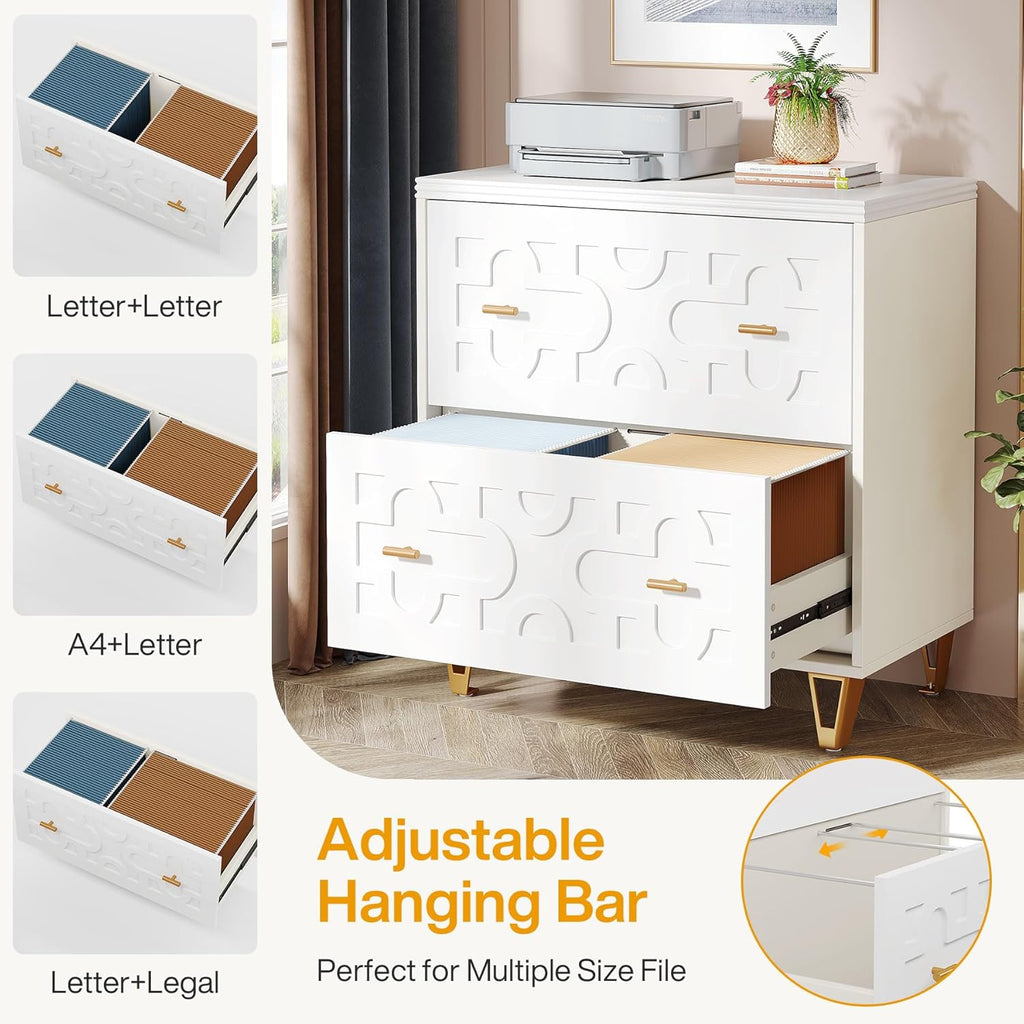 Tribesigns 2-Drawer Lateral File Cabinet, Modern White Filing Cabinet for Legal/Letter/A4 Size, Large Storage Filing Cabinet Printer Stand for Home Office, Warm White and Gold