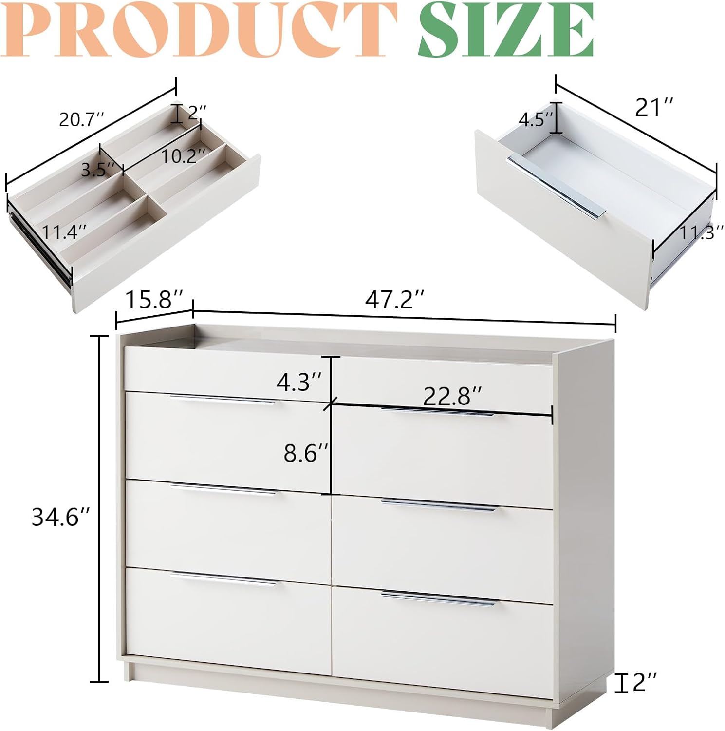 AMERLIFE 47.2" 8 Drawer Dresser with LED Light, Modern High Gloss Chest of Drawers with Glass Tabletop & 2 Six-Grid Jewelry Drawers, for Bedroom, Living Room, Dressing Room, Cream & Grey
