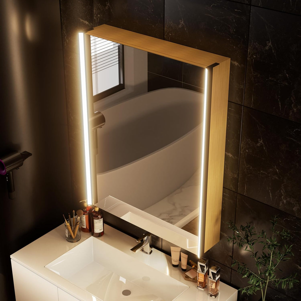 30 x 23-1/4 Inch LED Lighted Medicine Cabinet with Mirror, Moisture-Resistant Wood, Stepless Dimmable, 3000K/5500K, Adjustable Shelf, Flat-Pack Design – Assembly Required, Oak