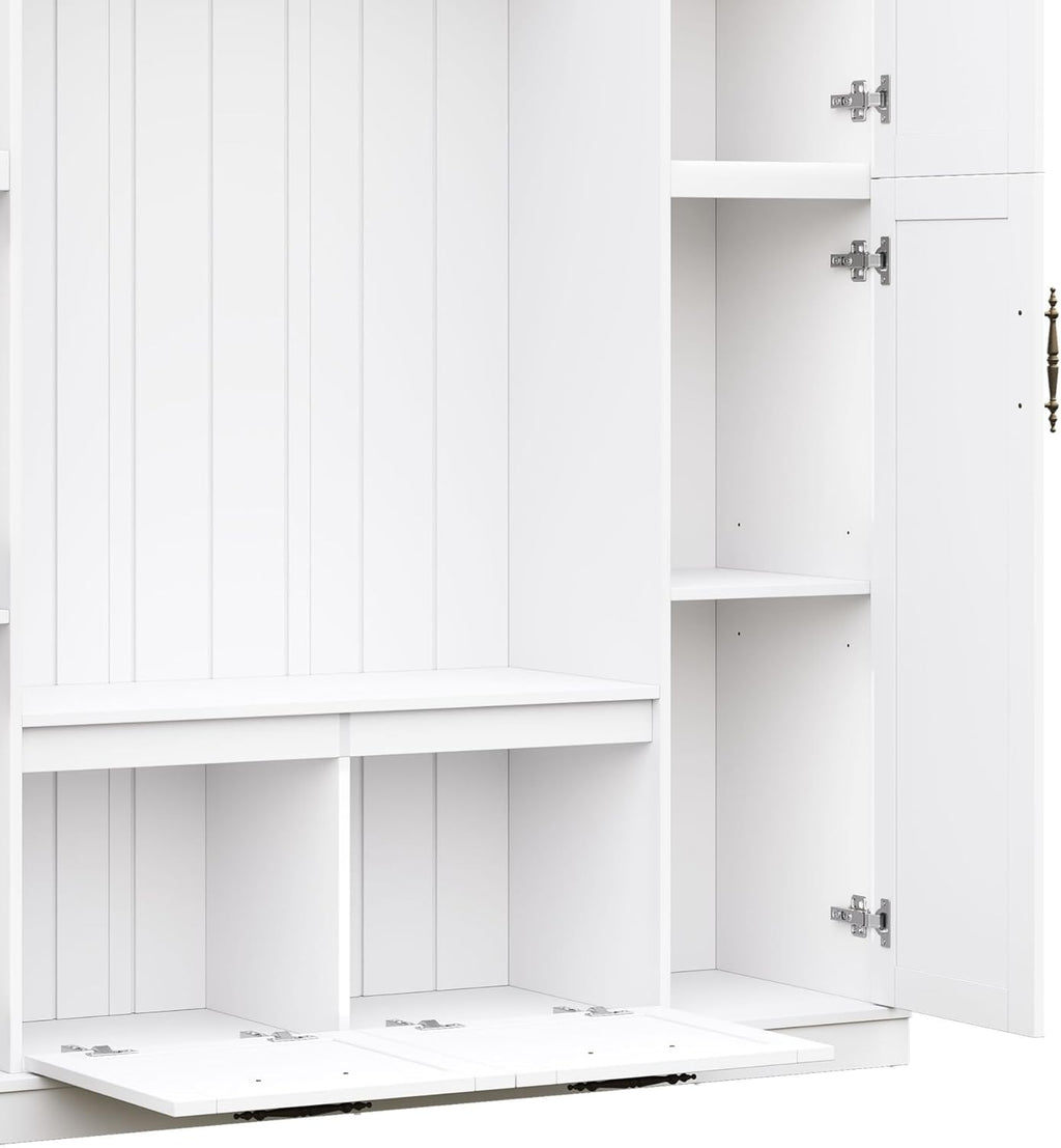 Farmhouse Elegant Hall Tree with 4 Side Cabinets, All-in-One Mudroom Furniture with Adjustable Shelves & Open Cubbies, Beadboard Entryway Bench with Coat Rack & 5 Hooks for Hallway (White-5.7)