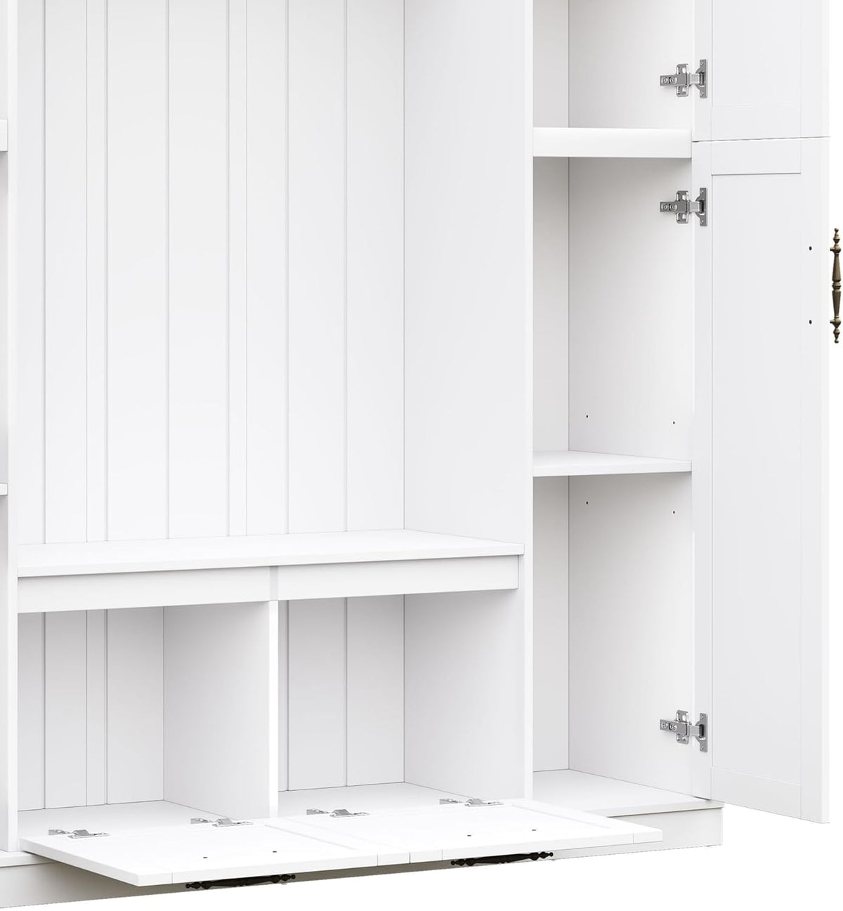 Farmhouse Elegant Hall Tree with 4 Side Cabinets, All-in-One Mudroom Furniture with Adjustable Shelves & Open Cubbies, Beadboard Entryway Bench with Coat Rack & 5 Hooks for Hallway (White-5.7)