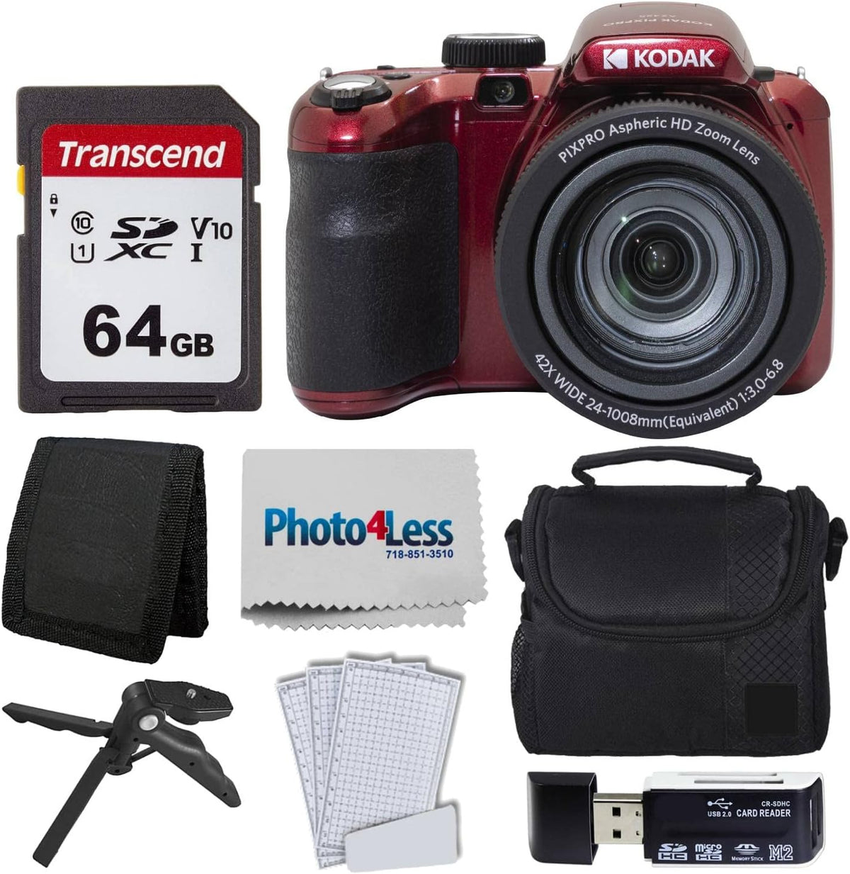 Kodak PIXPRO AZ425 Digital Camera + 64GB Memory Card + Camera Case (Black) + USB Card Reader + Table Tripod + Accessories (Red)