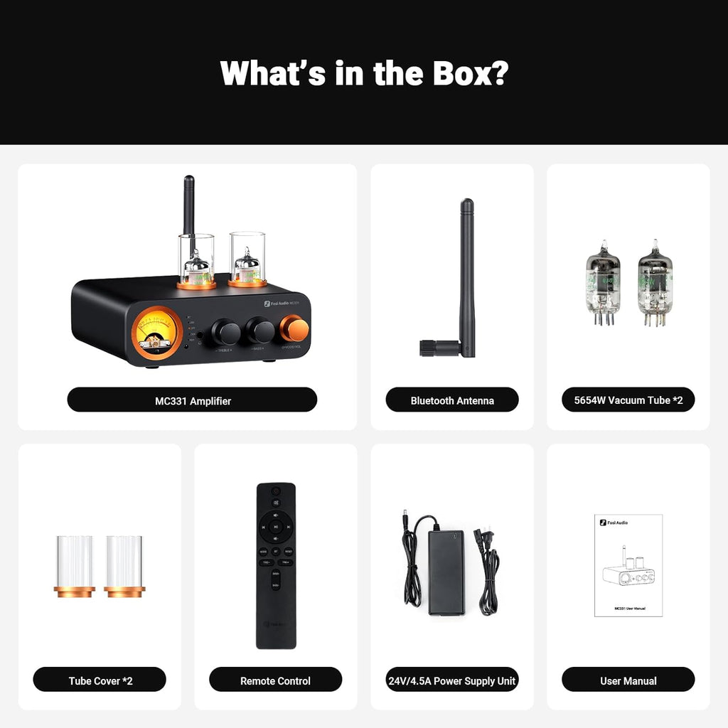 Fosi Audio MC331 Tube Integrated Amplifier with DAC, 2 Channel Home Audio Stereo Power Amp for HiFi Bookshelf Speakers/3.5mm Headphones, Vintage VU Meter Preamp with Bluetooth and USB/Opt/Coax/RCA