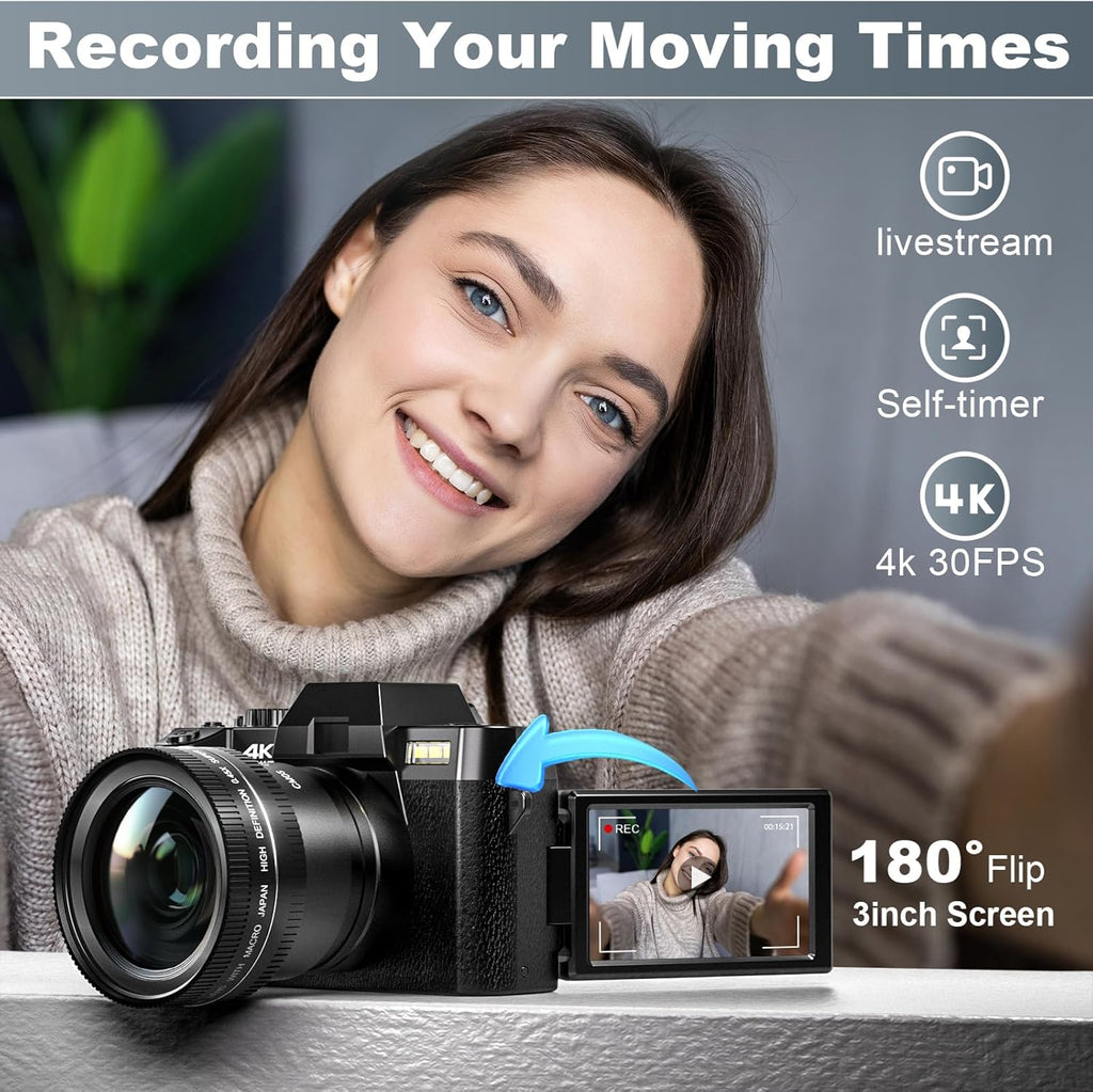 4K Digital Cameras for Photography 48MP/60FPS Video Vlogging Camera for YouTube with 3" 180° Flip Screen WiFi, 16X Digital Zoom Cameras with 32GB Micro Card Wide-Angle & Macro Lens (Black)