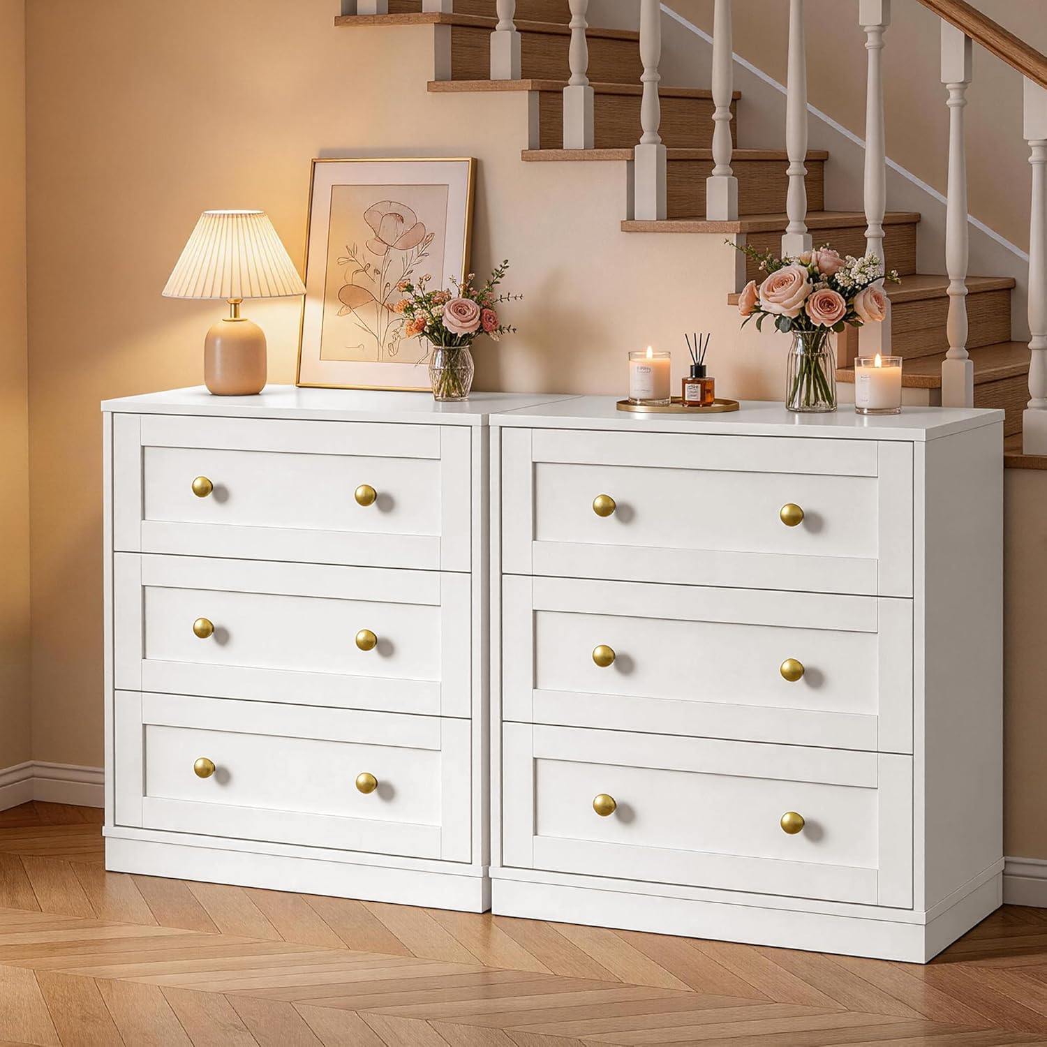RoyalCraft White Nightstand with 3 Drawers Storage, Large Wood Night Stand for Bedroom, Modern Bedside Table, End Table for Hallway, Closet