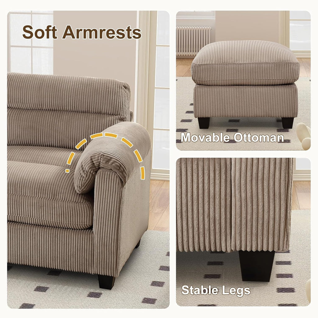 HAOMARKETS Corduroy Sofa Set,Upholstered Loveseat, and 3-Seater Couch with Plush Cushions and Rolled Arms, Modern Living Room Furniture Sets,Brown