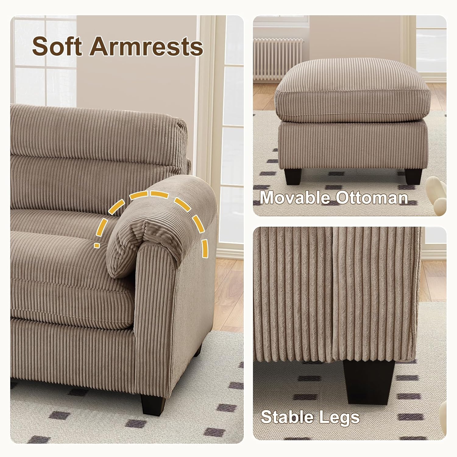 HAOMARKETS Corduroy Sofa Set,Upholstered Loveseat, and 3-Seater Couch with Plush Cushions and Rolled Arms, Modern Living Room Furniture Sets,Brown