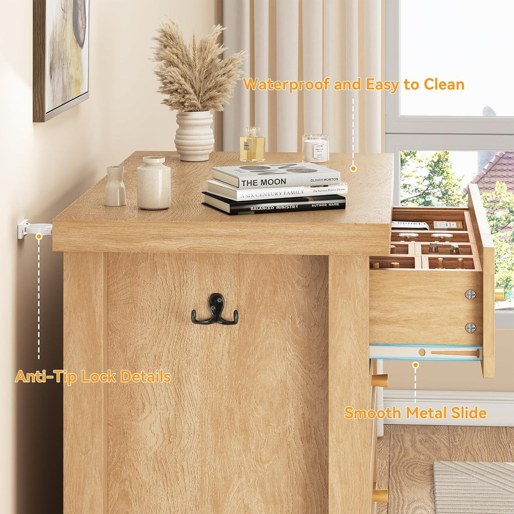 Natural Rattan Dresser for Bedroom with 5 Drawers, Wood Boho Chest of Drawers with Gold Metal Handle, Matte Top Bedroom Tall Dresser with Large Drawers for Living Room, Closet, Hallway, (Nartual)
