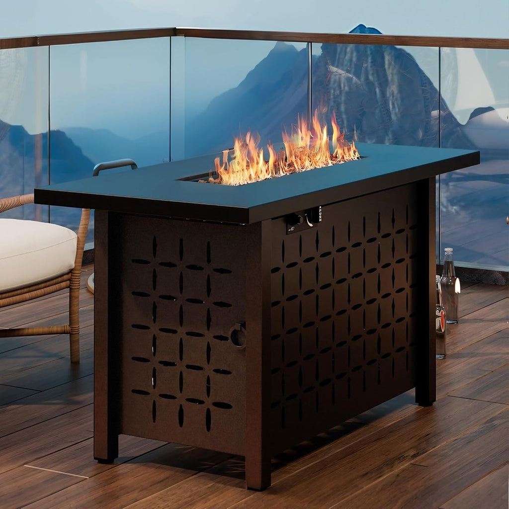 Vongrasig 43" Gas Fire Pit for Outside, 50,000 BTU Outdoor Propane Fire Pit Table with Lid & Lava Rock, Steel Rectangular Fire Table for Patio, Backyard, Deck, Garden, Black