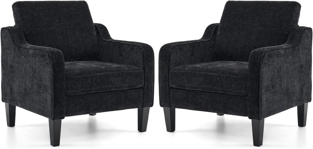 VINGLI Living Room Chairs Set of 2, Black Accent Chair 5.5" Thick Seat Cushion Comfy Chair Soft Chenille Side Chair Upholstered Arm Chair for Bedroom, Play Room, Apartment, Office (Black)