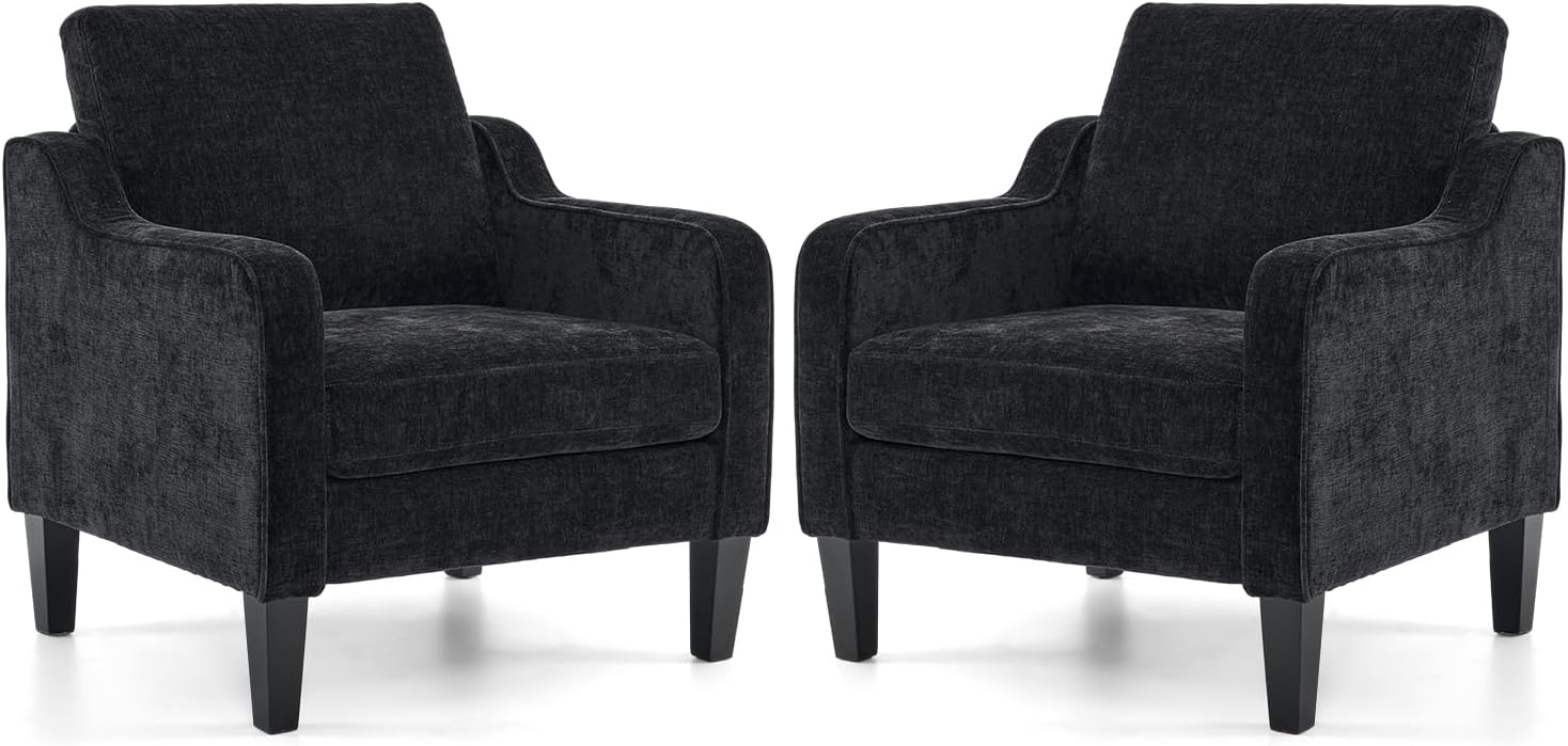 VINGLI Living Room Chairs Set of 2, Black Accent Chair 5.5" Thick Seat Cushion Comfy Chair Soft Chenille Side Chair Upholstered Arm Chair for Bedroom, Play Room, Apartment, Office (Black)