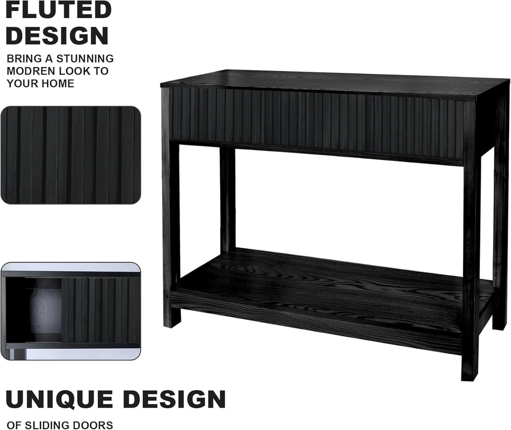 Fluted Console Table, Long Console Tables for Entryway 48" Vanity Desk, Black Boho Entry Table Narrow Modern Hallway Table Modern Sofa Table for Living Room