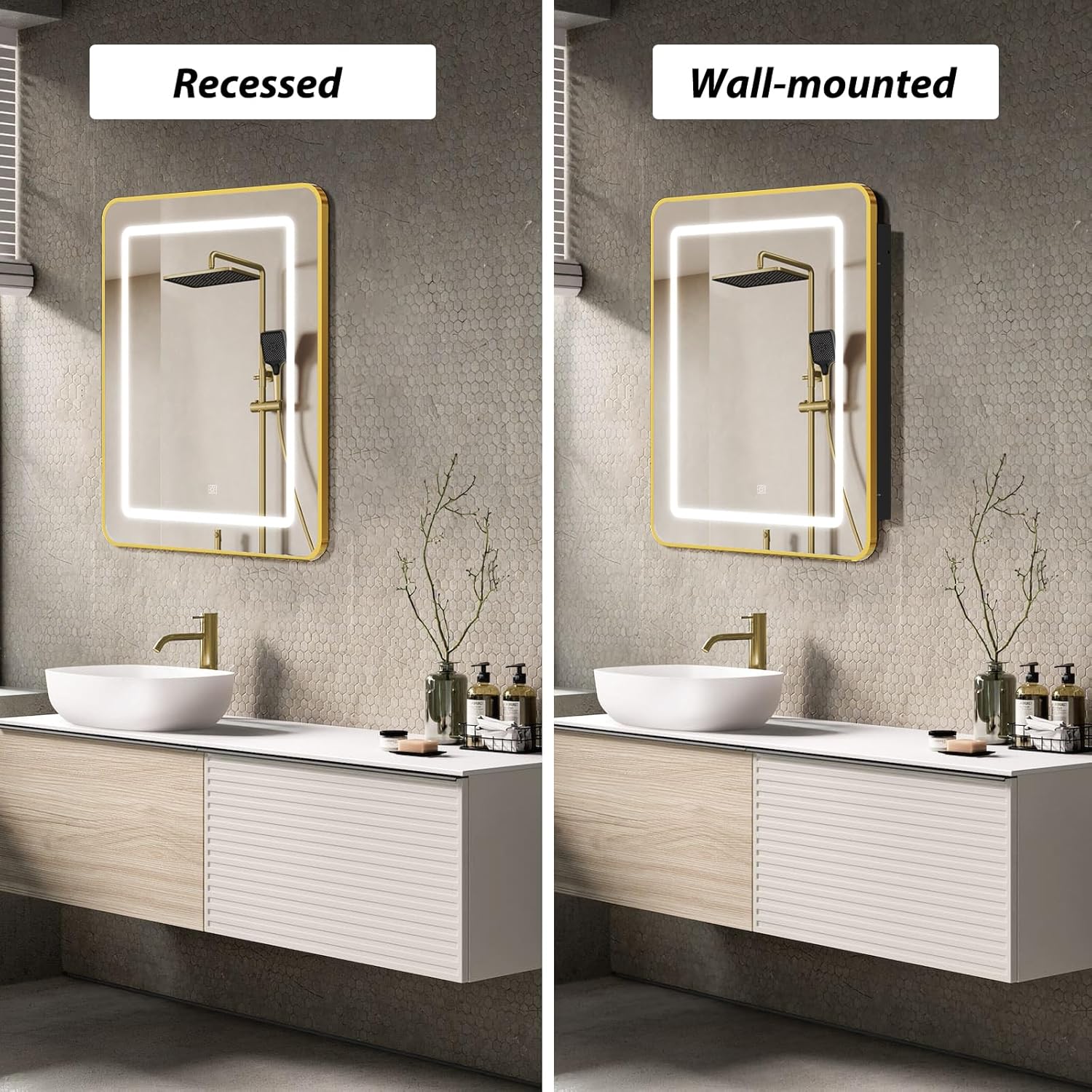 APRILSOUL 24X30 Inch Gold Bathroom Medicine Cabinet with Mirror, Recessed or Surface Lighted Medicine Cabinet with 3 Colors Temperature, Dimmable Light