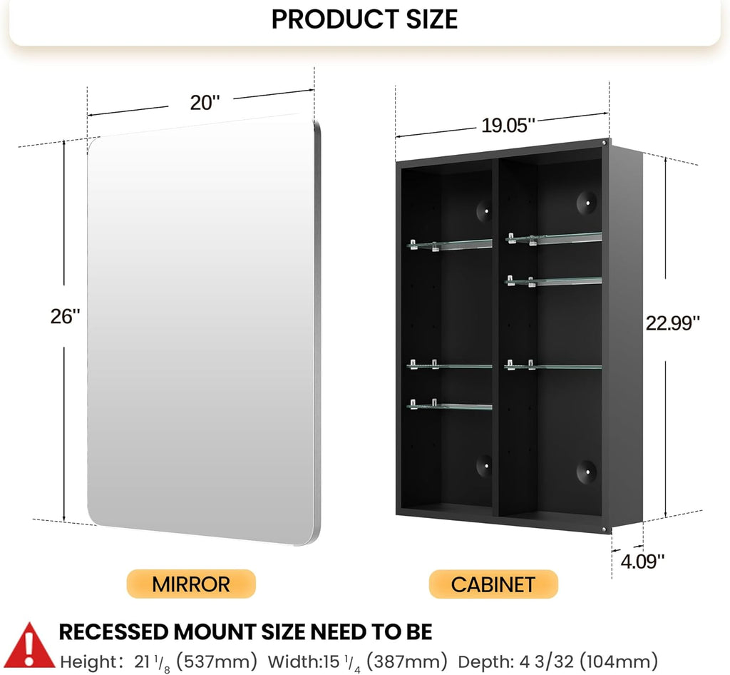 Silver Medicine Cabinet with Mirror 20x26 Inch, Anodized Aluminum Bathroom Cabinet, Rust Proof Recessed Wall Organizer, 6 Adjustable Glass Shelves, Soft Close, Modern Vanity Mirror