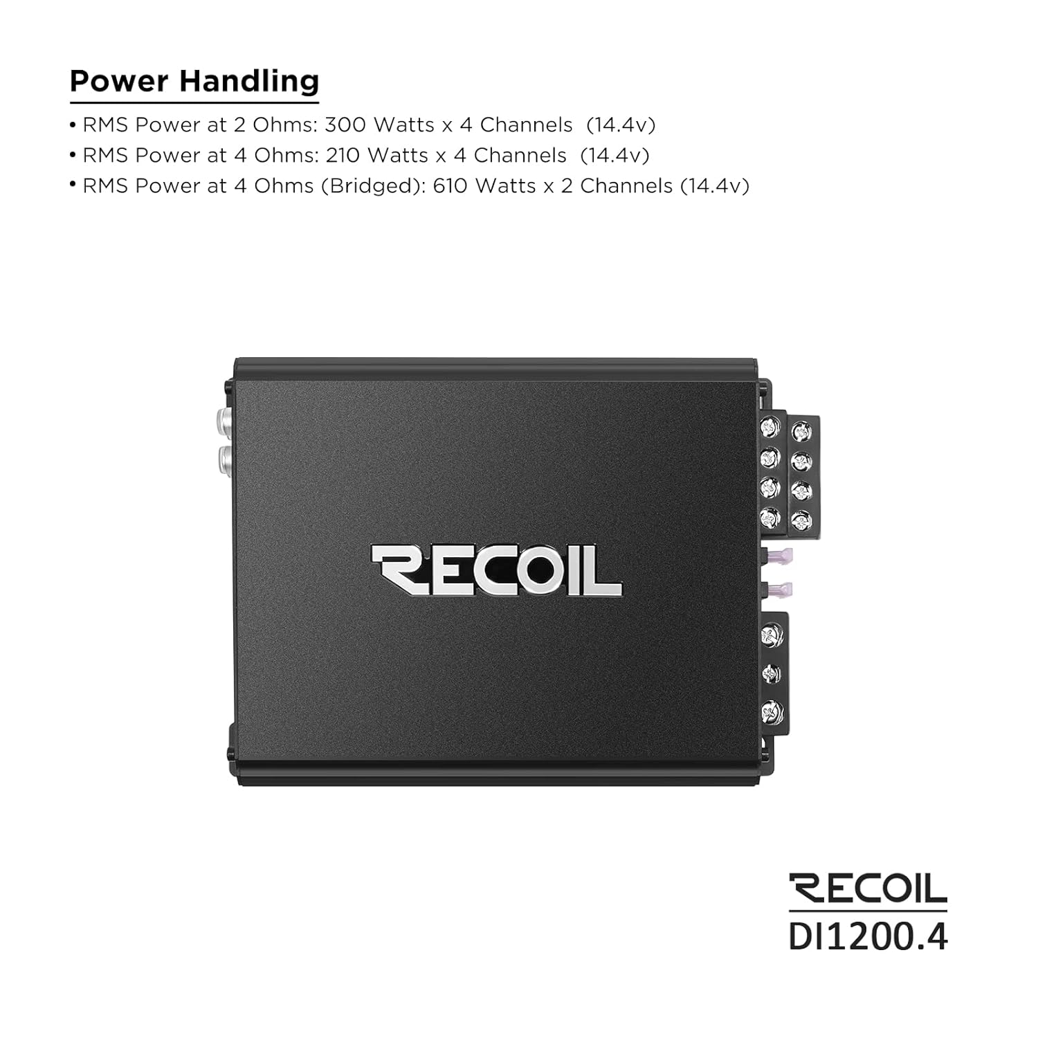 Recoil DI1200-4 Full-Range Class-D 4-Channel Car Audio Amplifier, 2,400 Watts, 2-4 Ohm Stable, MOSFET Power Supply, Bridgeable