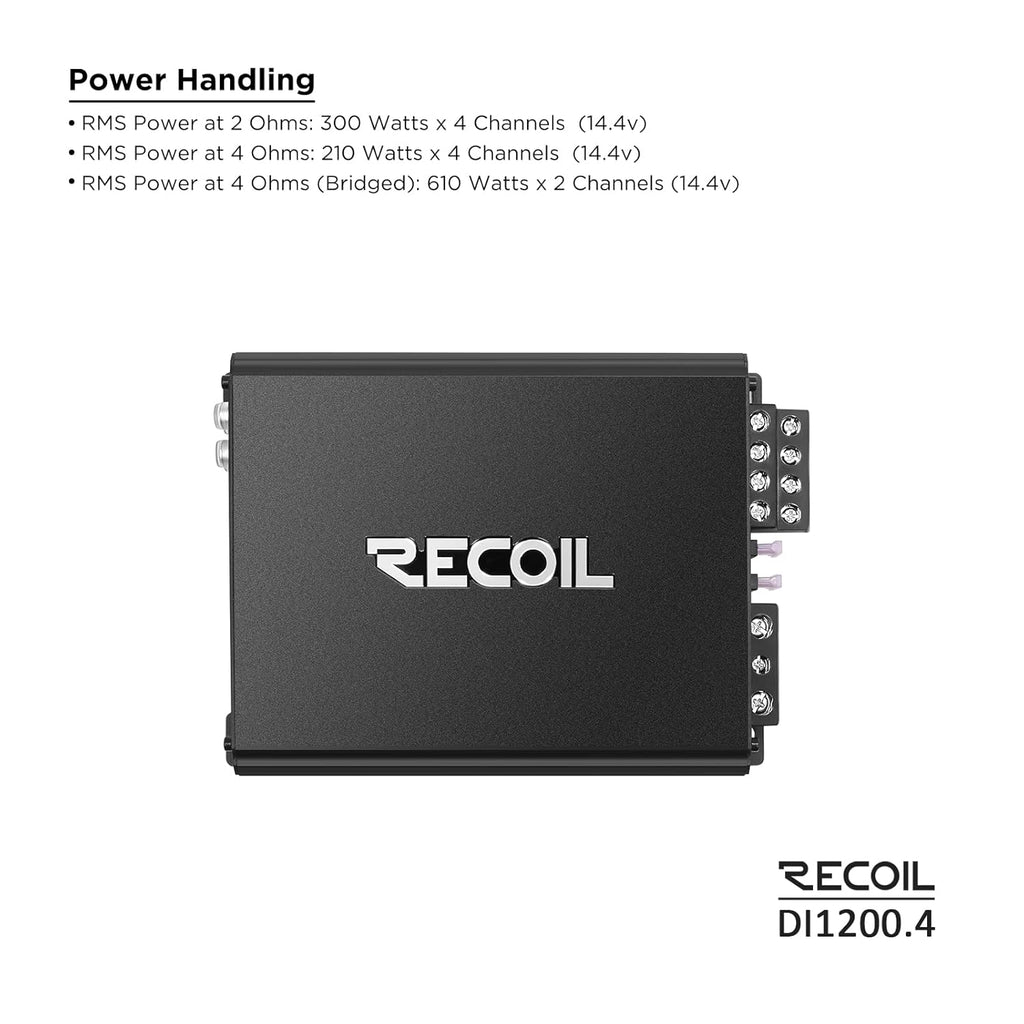 Recoil DI1200-4 Full-Range Class-D 4-Channel Car Audio Amplifier, 2,400 Watts, 2-4 Ohm Stable, MOSFET Power Supply, Bridgeable