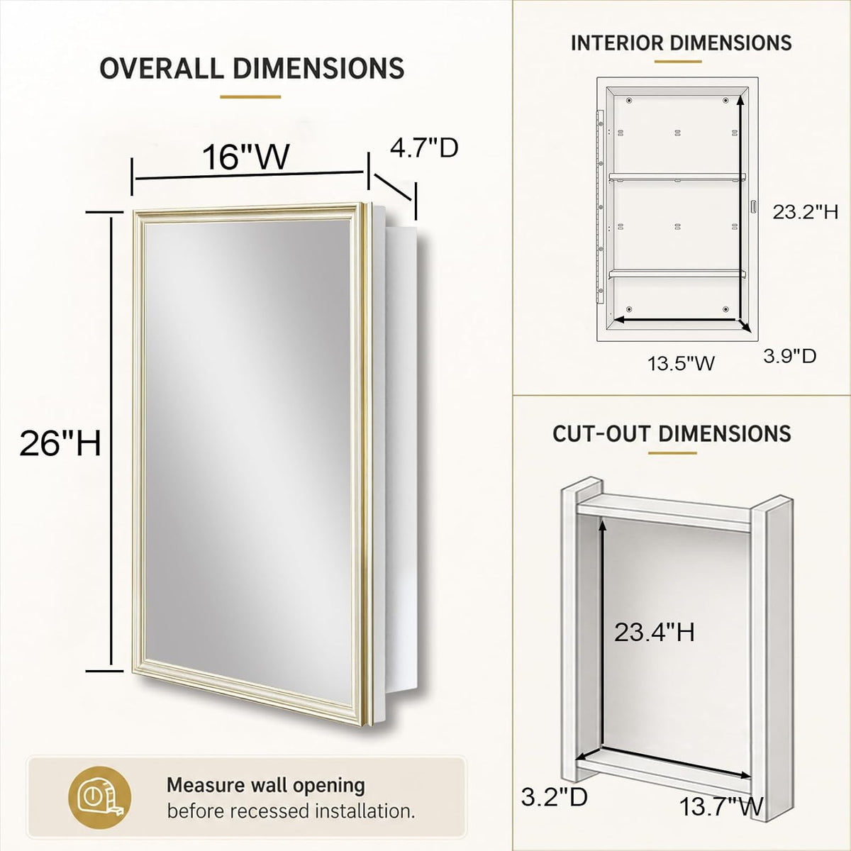 Fundin 16 x 26 White Metal Mirror Cabinet for Bathroom, Gold Beveled Frame Mirror, Recessed or Surface Mount Medicine Cabinet with Adjustable Shelves and Piano Hinge