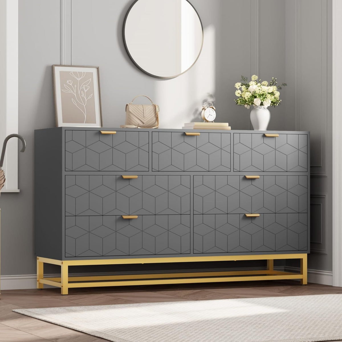 IDEALHOUSE Grey 7 Drawer Dresser for Bedroom, 53.5” Large Dresser with Metal Legs, Modern Chest Organizer with Wide Storage, Chest of Drawers for Bedroom, Living Room, Entryway