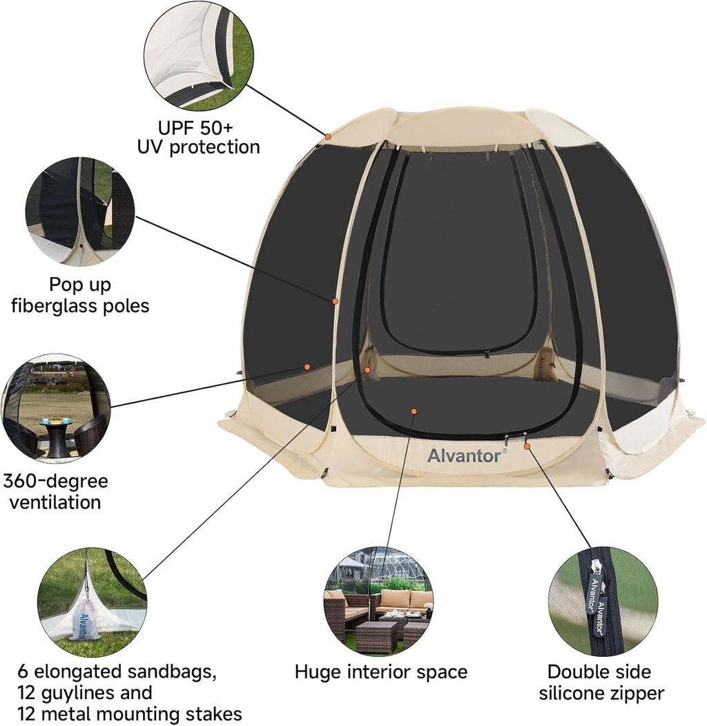 Alvantor Pop Up Screen House Tent, Instant Outdoor Gazebo with Mosquito Netting & UPF 50+ Sun Protection, Portable Canopy Shelter for Patio, Backyard, Camping (2-10 Person)
