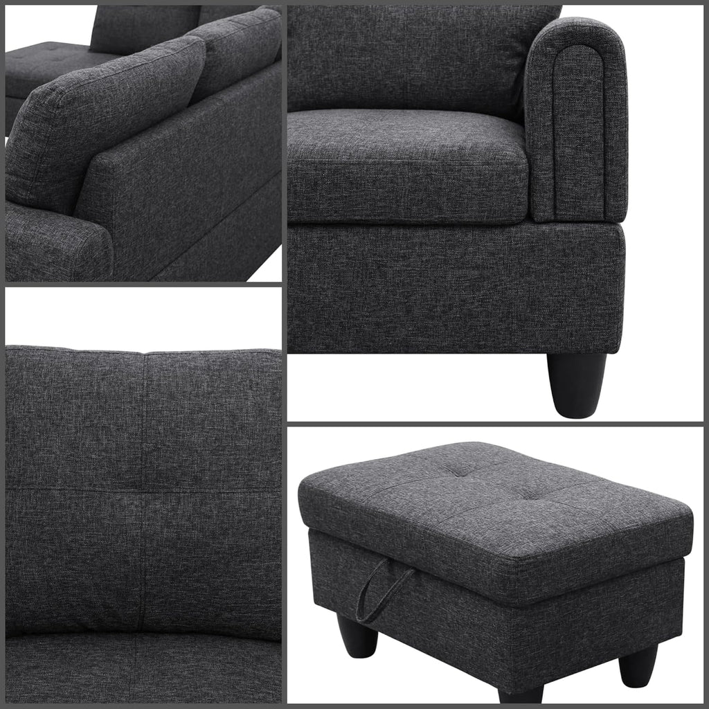 L Shaped Couch Sectional Couches with Chaise and Storage Ottoman, 3 Pieces Modular Convertible Sofa for Living Room Furniture Sets and Small Apartment, Black Grey