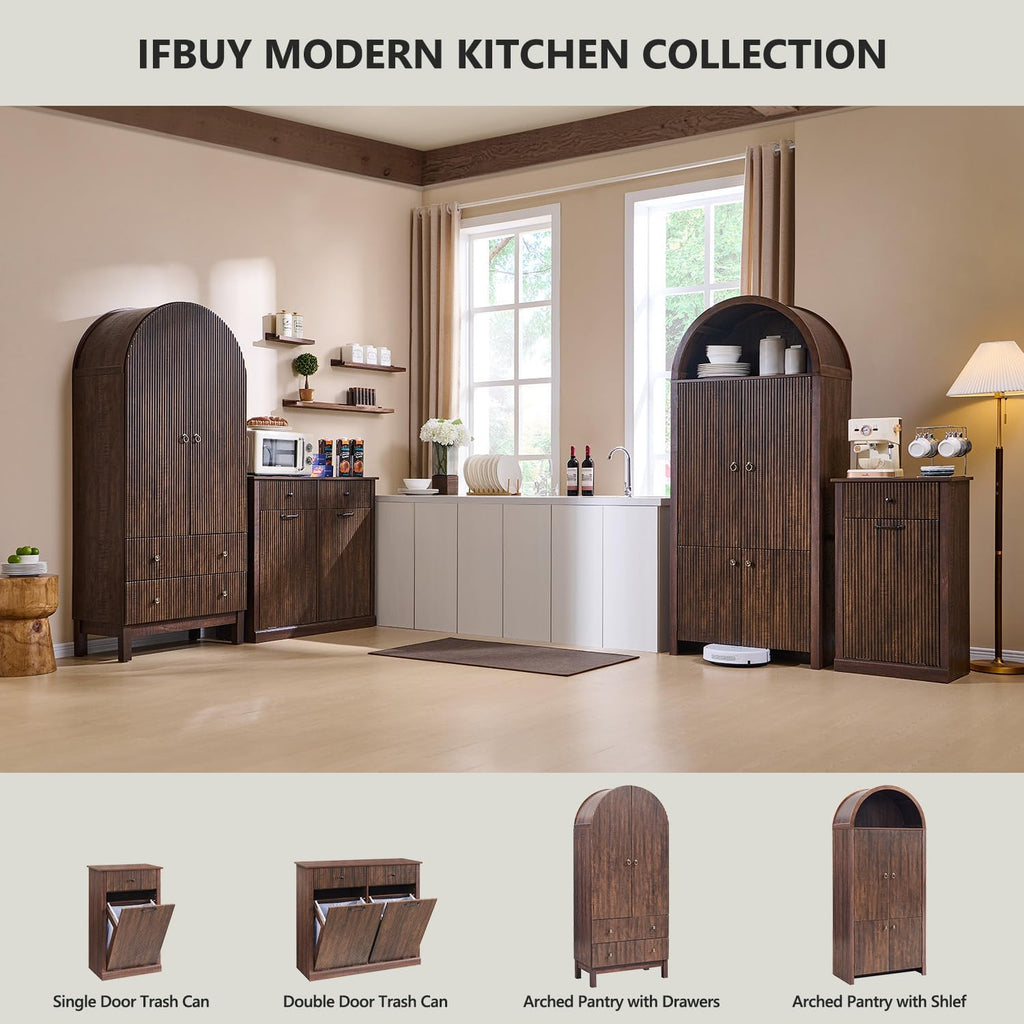 IFBUY Modern Double Tilt-Out Laundry Hamper Cabinet, 20 Gallon Fluted Trash Can Cabinet w/2 Drawers, Wooden Hidden Garbage Can Cabinets w/Laundry Basket, Free Standing for Bathroom and Kitchen, Brown
