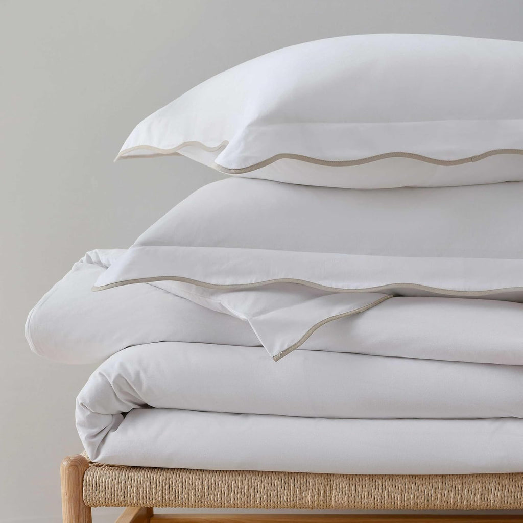 Martha Stewart - King Duvet Cover Set, 100% Soft Cotton Bed Set with a Smooth Cotton Percale Reverse, 3 Piece Bedding with Matching Pillowcases (Simple Scallop Beige)