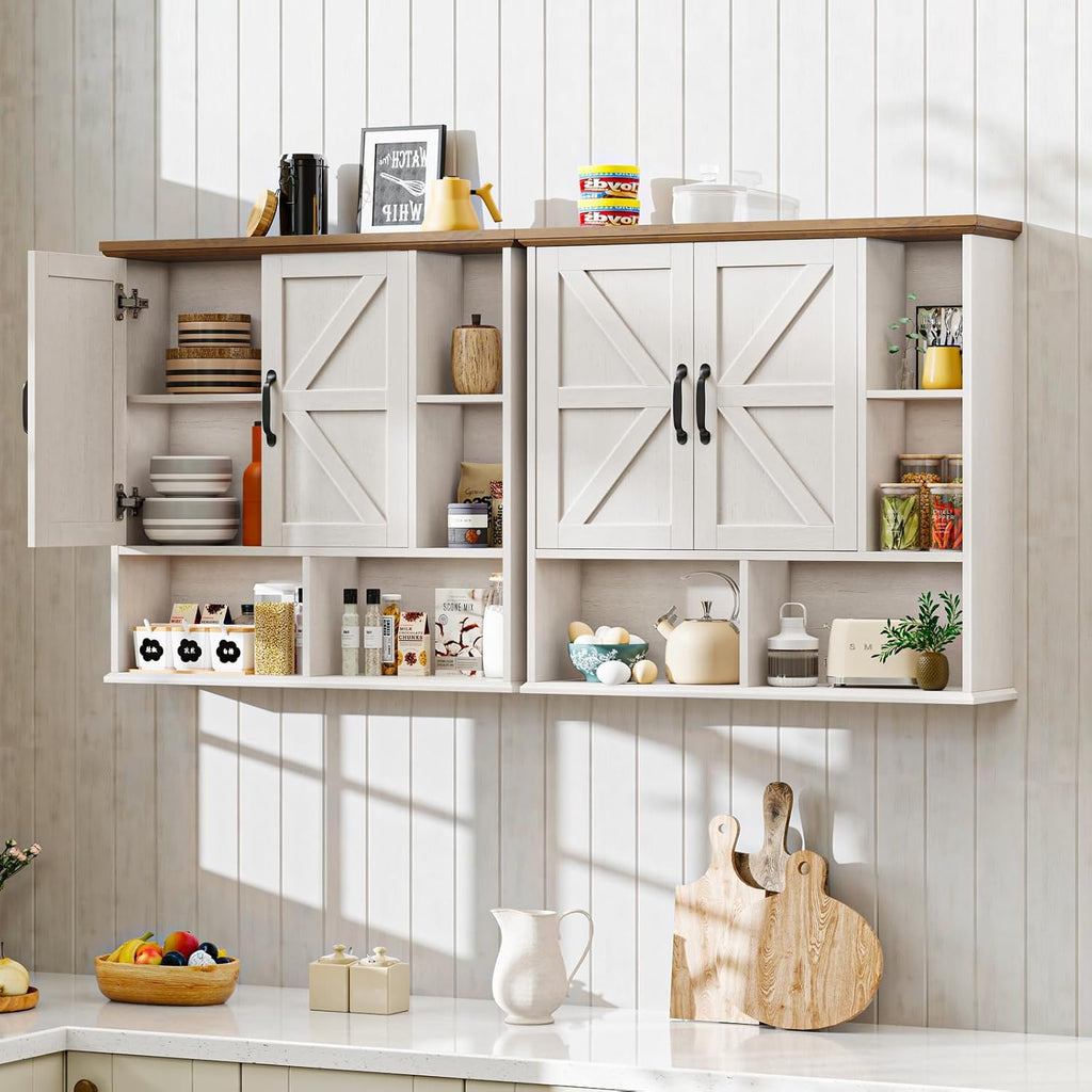 Bathroom Wall Cabinet, Farmhouse Medicine Cabinet with Double Barn Door and Adjustable Wood Shelf, Over The Toilet Storage Cabinet for Wall Mounted for Bathroom Laundry Room Kitchen (White and Brown)